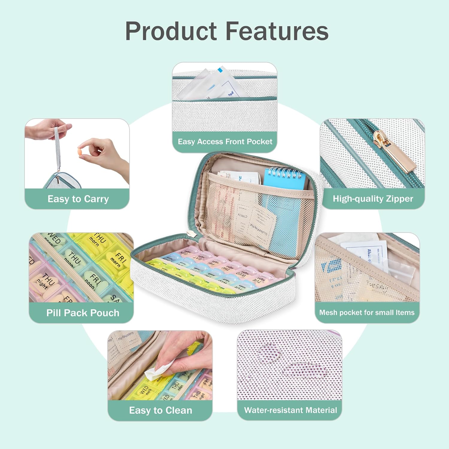 Weekly Travel Pill Organizer Pill Case for Purse with Removable 7 Day Pill Box Holder,Cute Medication Organizer Pill Container for Medicine, Vitamin, Fish Oils,Supplement (Teal, Small) - Image 3