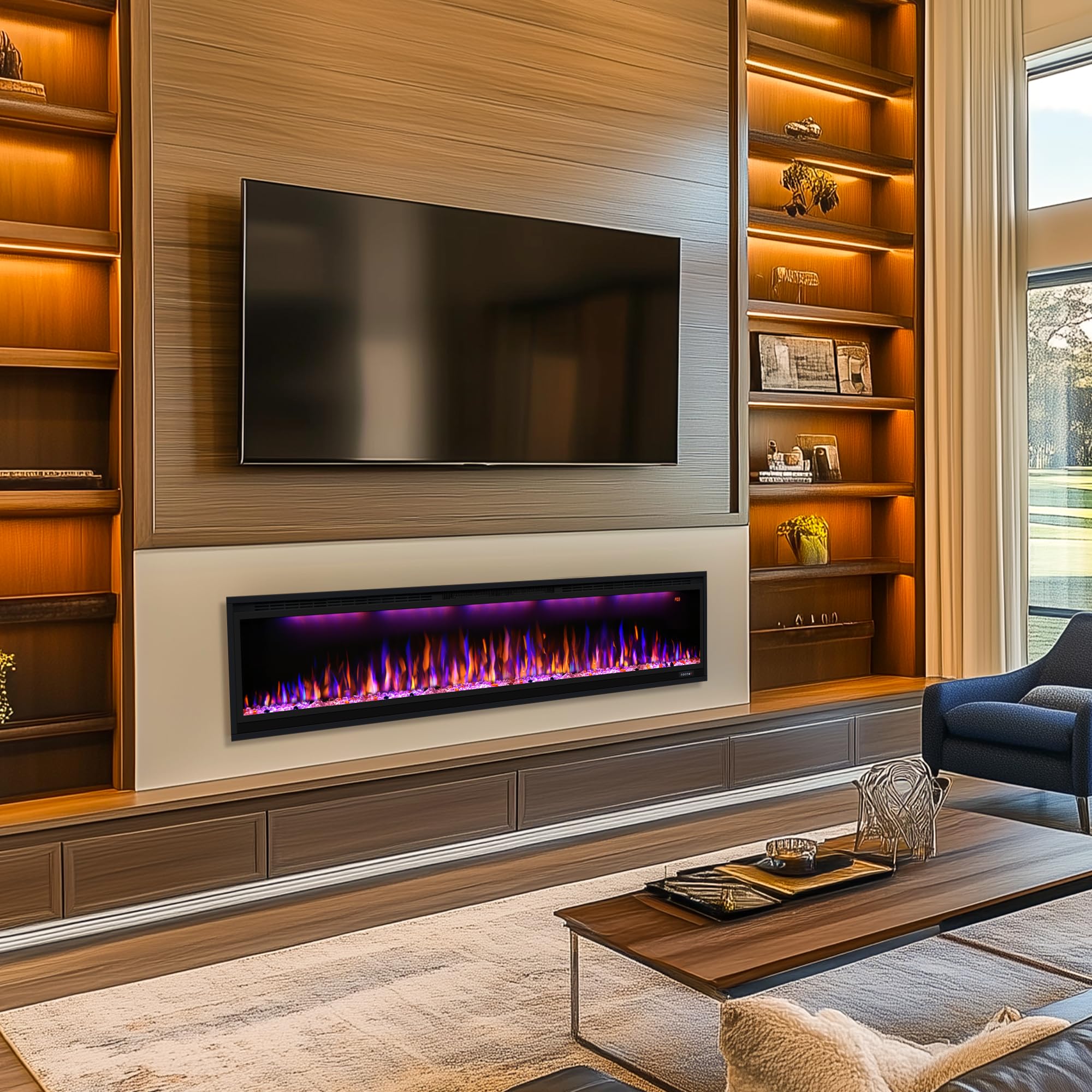Elektrischer Kamin, schmaler Einbaukamin mit Fernbedienung, mehrfarbige Flammeneffekte mit realistischen Holzscheiten, Thermostat mit Timer, 750/1500 W, Schwarz