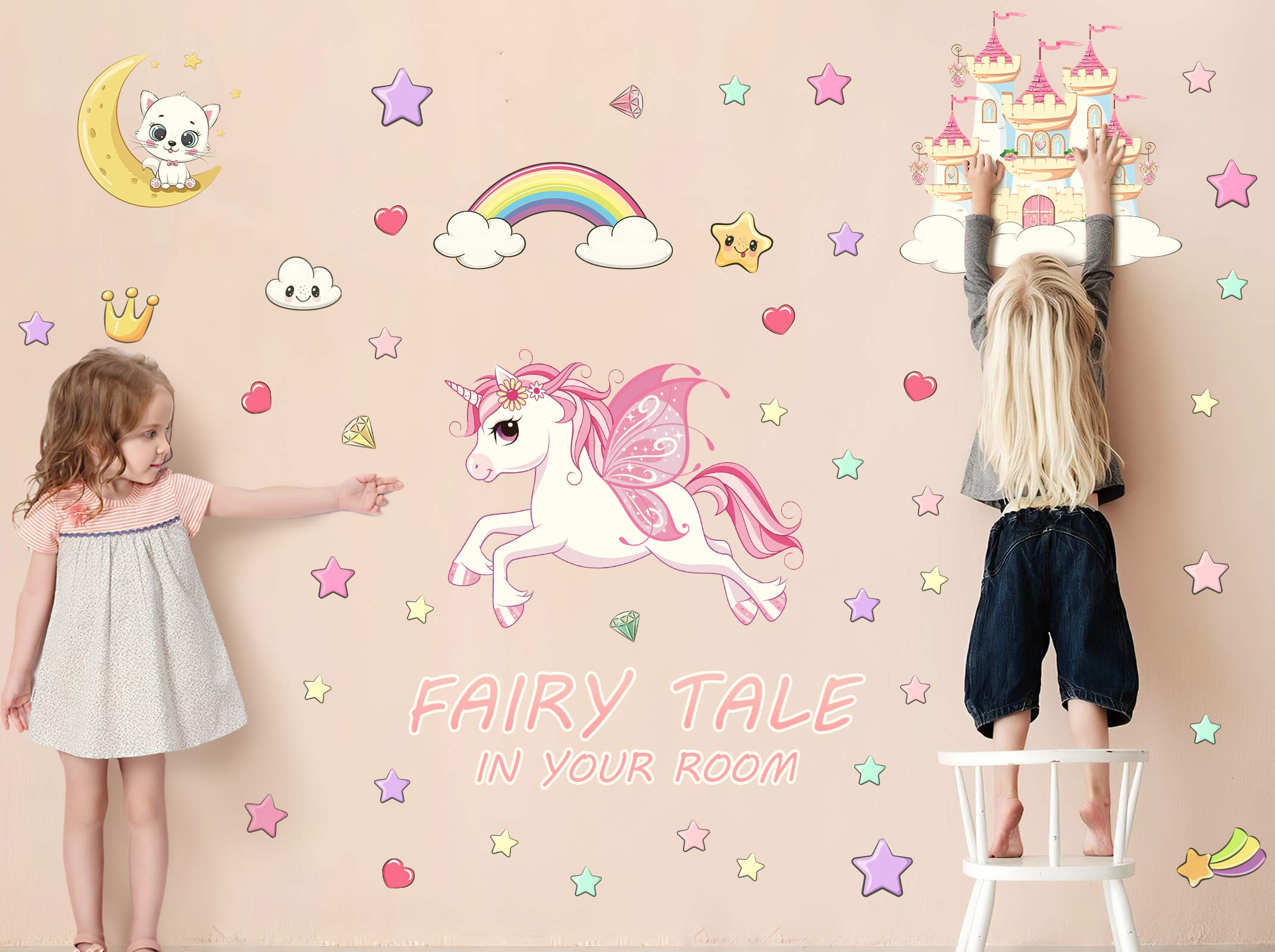 Licorne Étoile Lumineuse Plafond Stickers Muraux-Étoile Fluorescente,Arc en Ciel Décoration Chambre Enfant et Fille