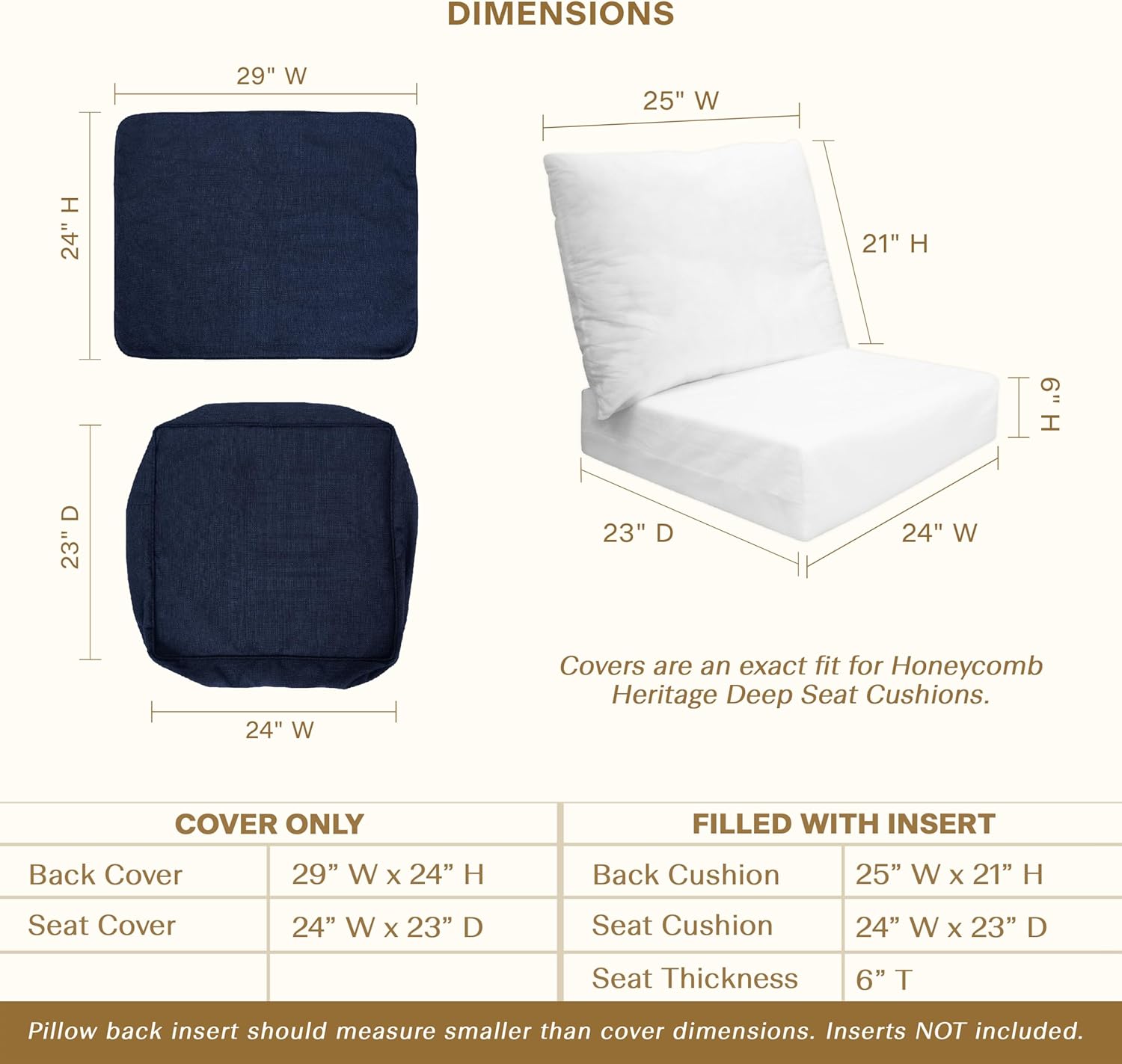 Honeycomb Outdoor Deep Seat Patio Cushion Cover, 24 x 23, Heritage Indigo Replacement Slipcover for Outdoor Furniture