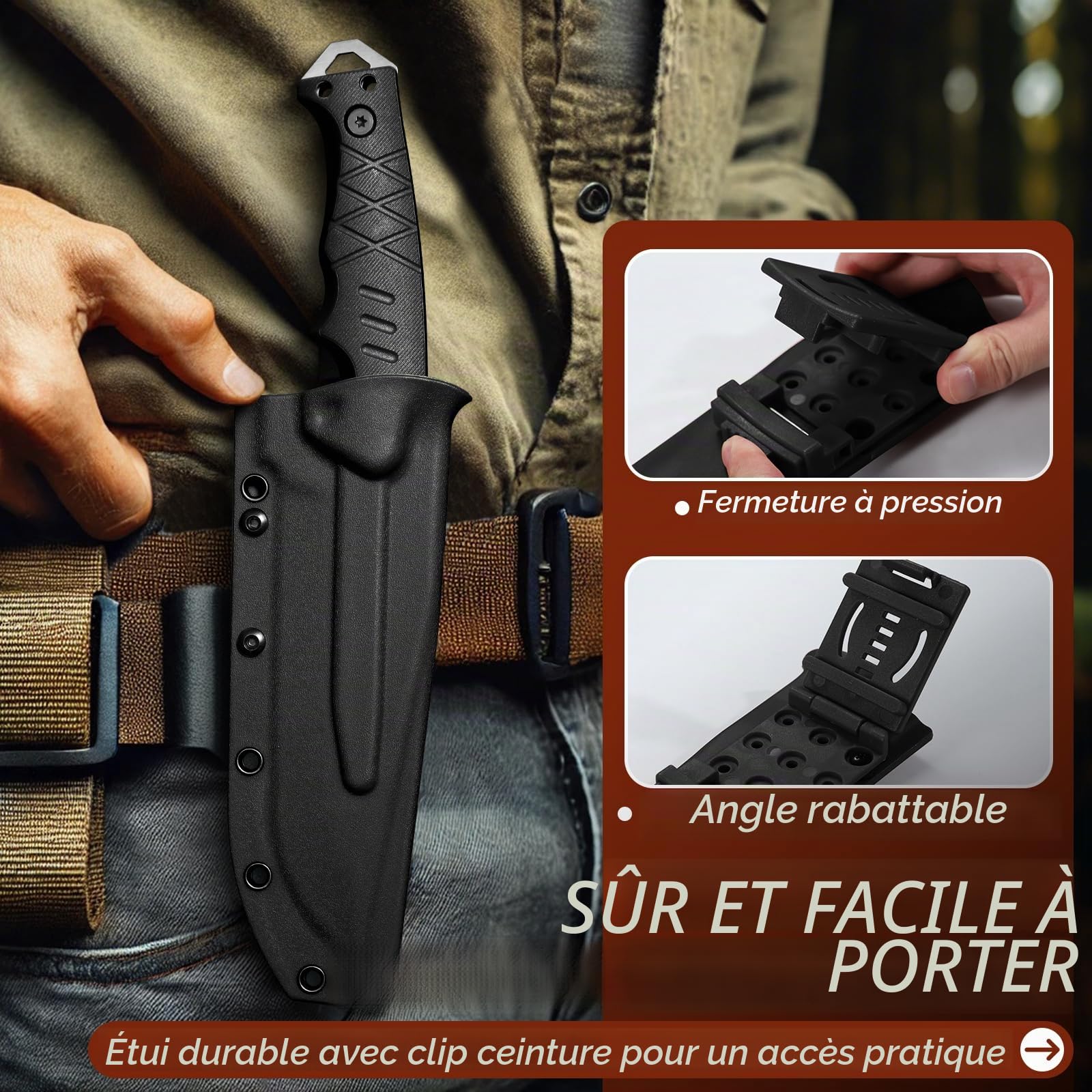 Purple Dragon Couteau Survie D2 Pleine Soie G10, Étui Kydex Camping Noir
