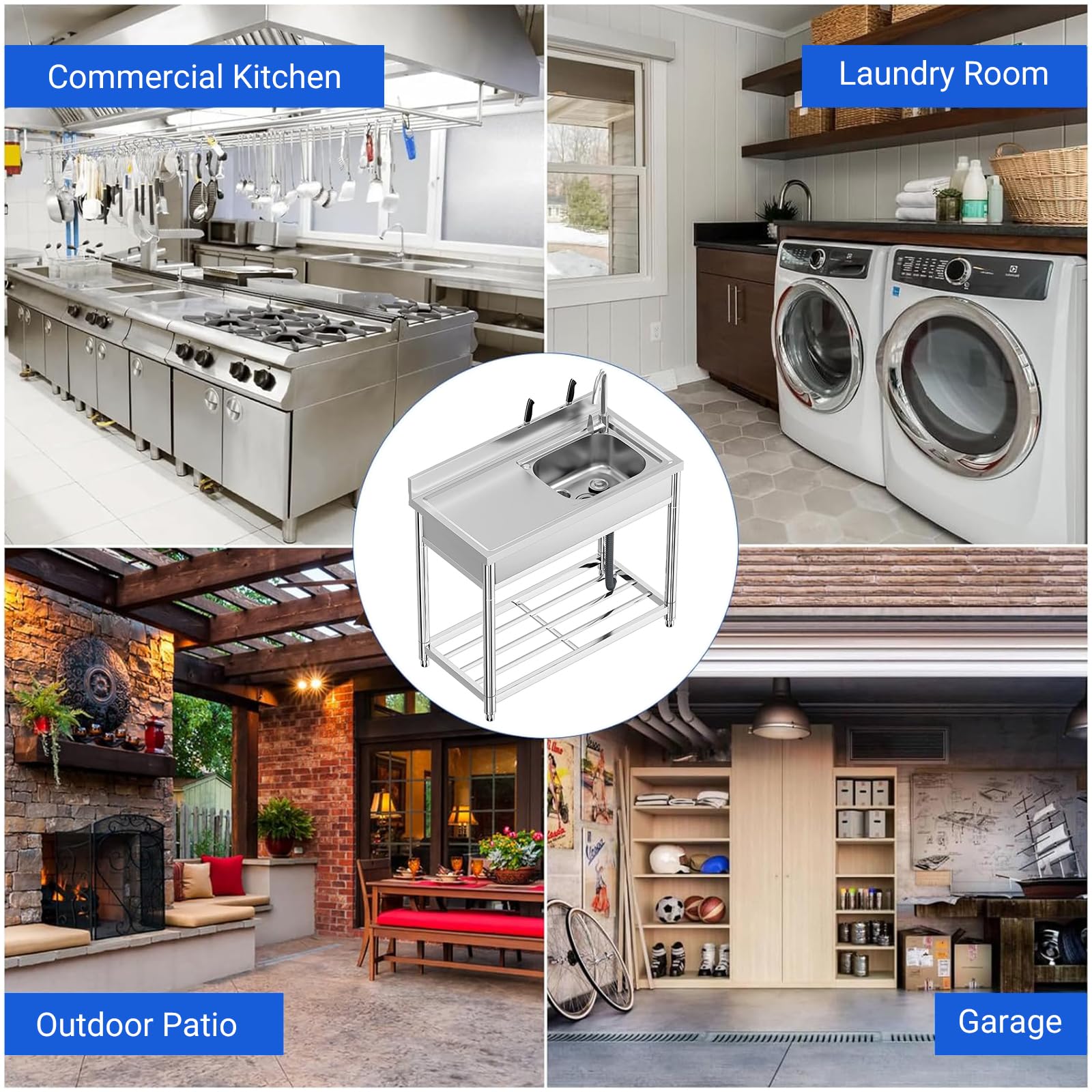 Évier Utilitaire en Acier Inox 1 Compartiment avec Table, Évier Autoportant à Cuve Simple avec Robinet et Pieds, Grand Évier Professionnel pour Cuisine, Buanderie, Salle de Bain et Jardin