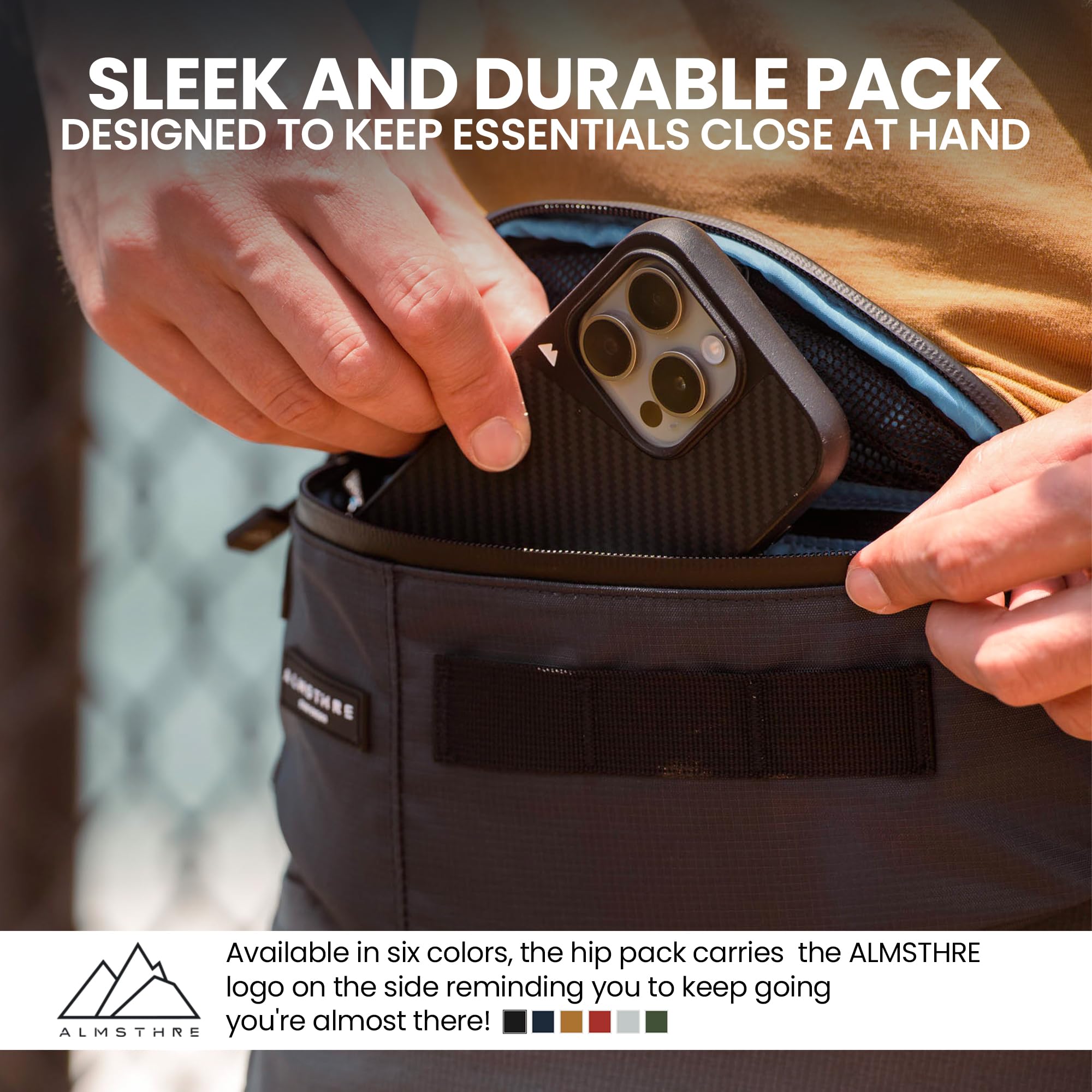 ALMSTHRE Riñonera duradera e impermeable para ciclistas, ajuste ajustable con almacenamiento organizado, nailon Ripstop reciclado para ciclismo, senderismo y transporte diario, Negro medianoche, M