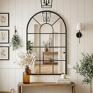 Black Arched Window Mirror | Farmhouse Decorative Wall Mirrors for Living Room, Bedroom, Entryway, Bathroom Vanity, Fireplace Mantel | Window Pane Mirror Wall Decor | Arch Mirror Modern Accent Décor
