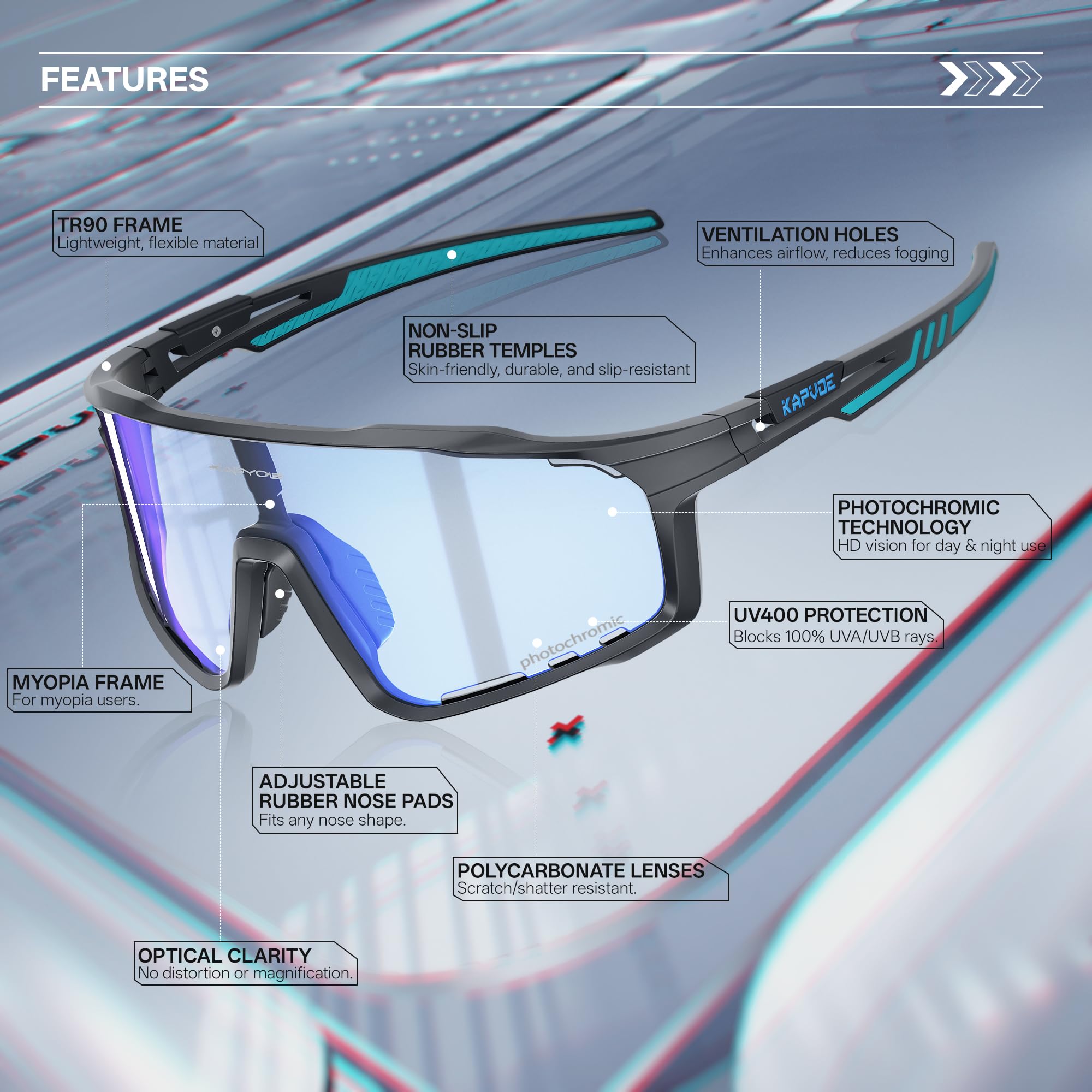 KAPVOE Gafas de Ciclismo Hombre Mujer K76 | Montura TR90, almohadilla nasal ajustable para ciclismo.