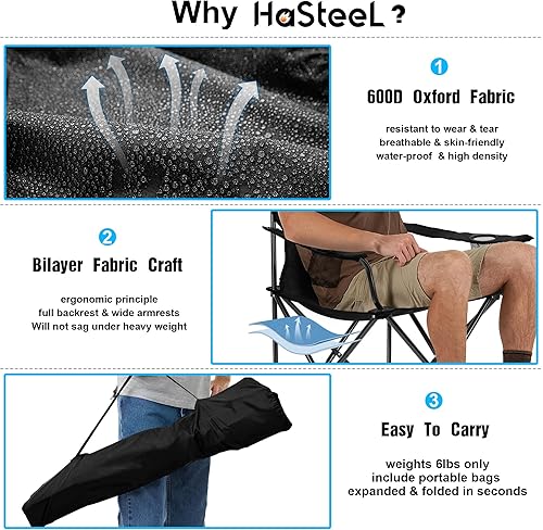 Miniatura 5 de HaSteeL Juego de 2 sillas plegables de campamento, sillas de campamento plegables para adultos, silla de césped portátil grande para pesca al aire