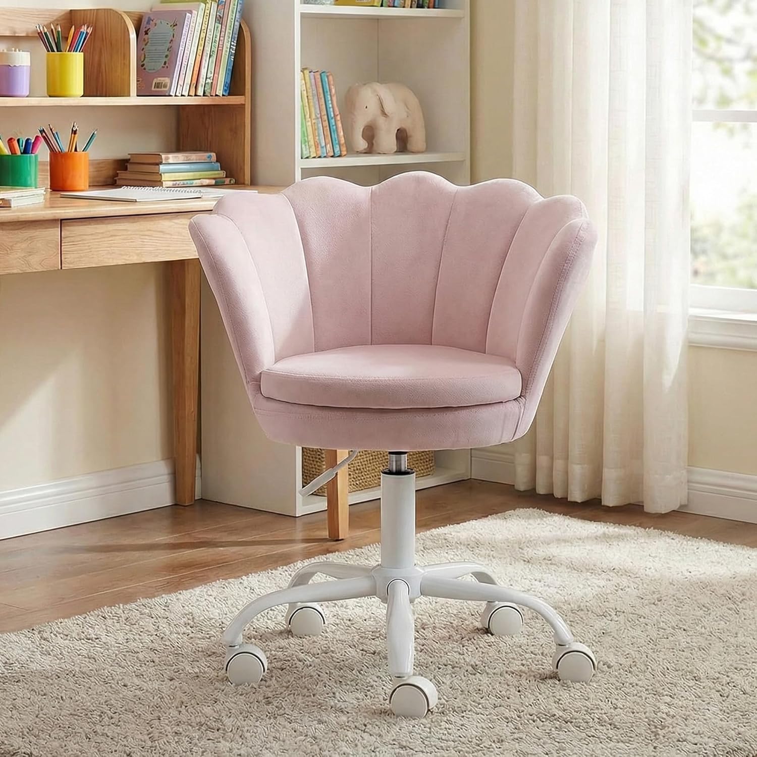 chairus Cute Kids Desk Chair Velvet Living Room Accent Armchair Upholstered Teens Vanity Chair with Seashell Back, Adjustable Swivel Children Study Chair for Computer Homework, Pink