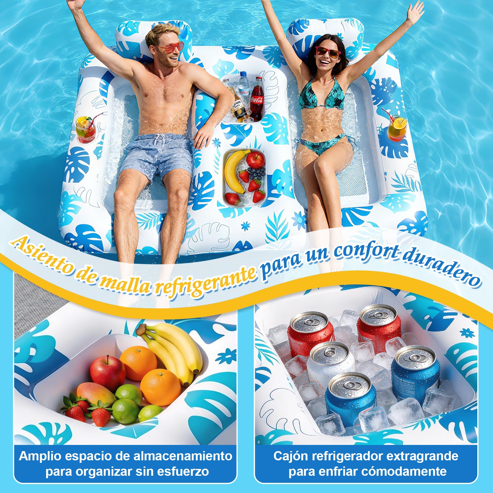 JONRRYIN Colchoneta Piscina Adultos, Colchoneta Playa Grande, Tanning Pool 2 Personas con Portavasos y Barra de Hielo, Piscina Flotadores Adultos 200×120CM para Playa Fiestas Verano