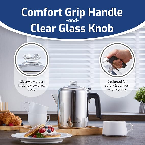Elite Gourmet 8-Cup Stovetop Coffee Percolator, Clear Glass Brew Knob