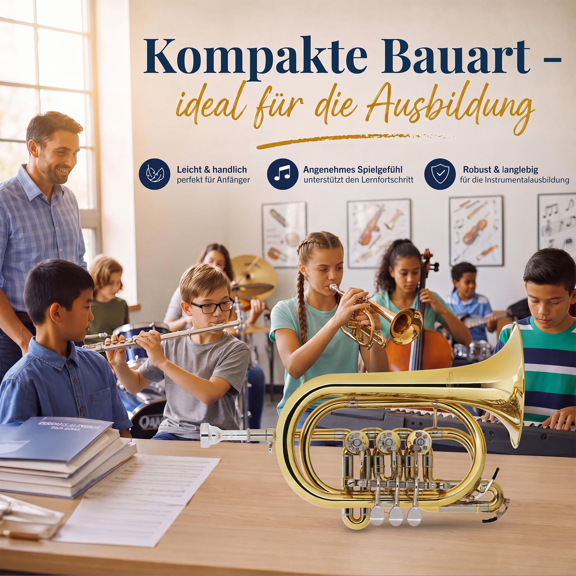 BCR-26L Drehventil Kornett - Ideales Schülerinstrument - Gewicht: 910g, Länge: 28cm - Korpus: Messing, Mundrohr: Goldmessing, Finish Klarlackiert - Inkl. Mundstück & Gigbag