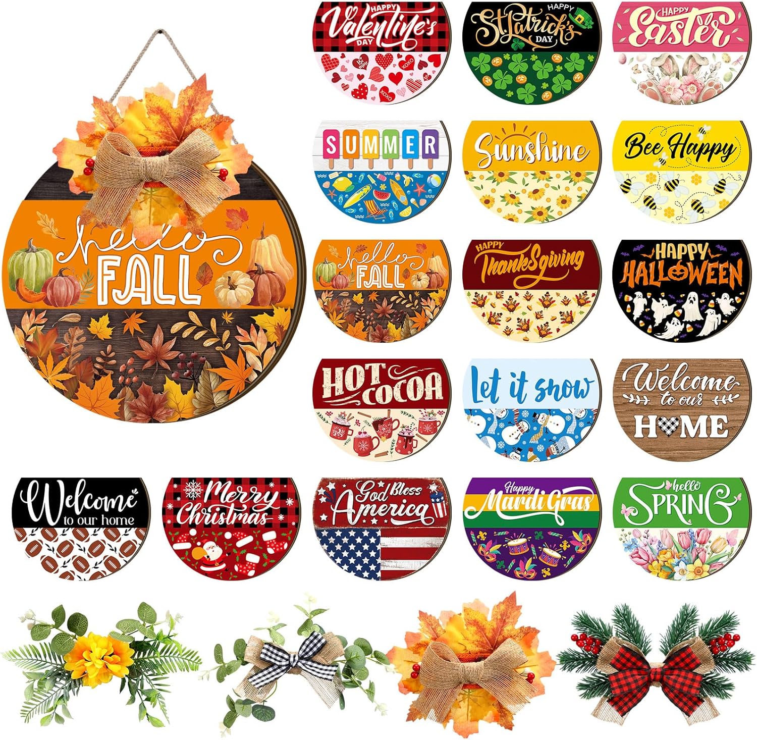 Vicenpal Interchangeable Welcome Sign for Front Door with 17 Magnetic Icons, Wooden Seasonal Front Porch Door Decor with 4 Seasonal Wreaths and 17 Changeable Icons for Holiday Party(Black)