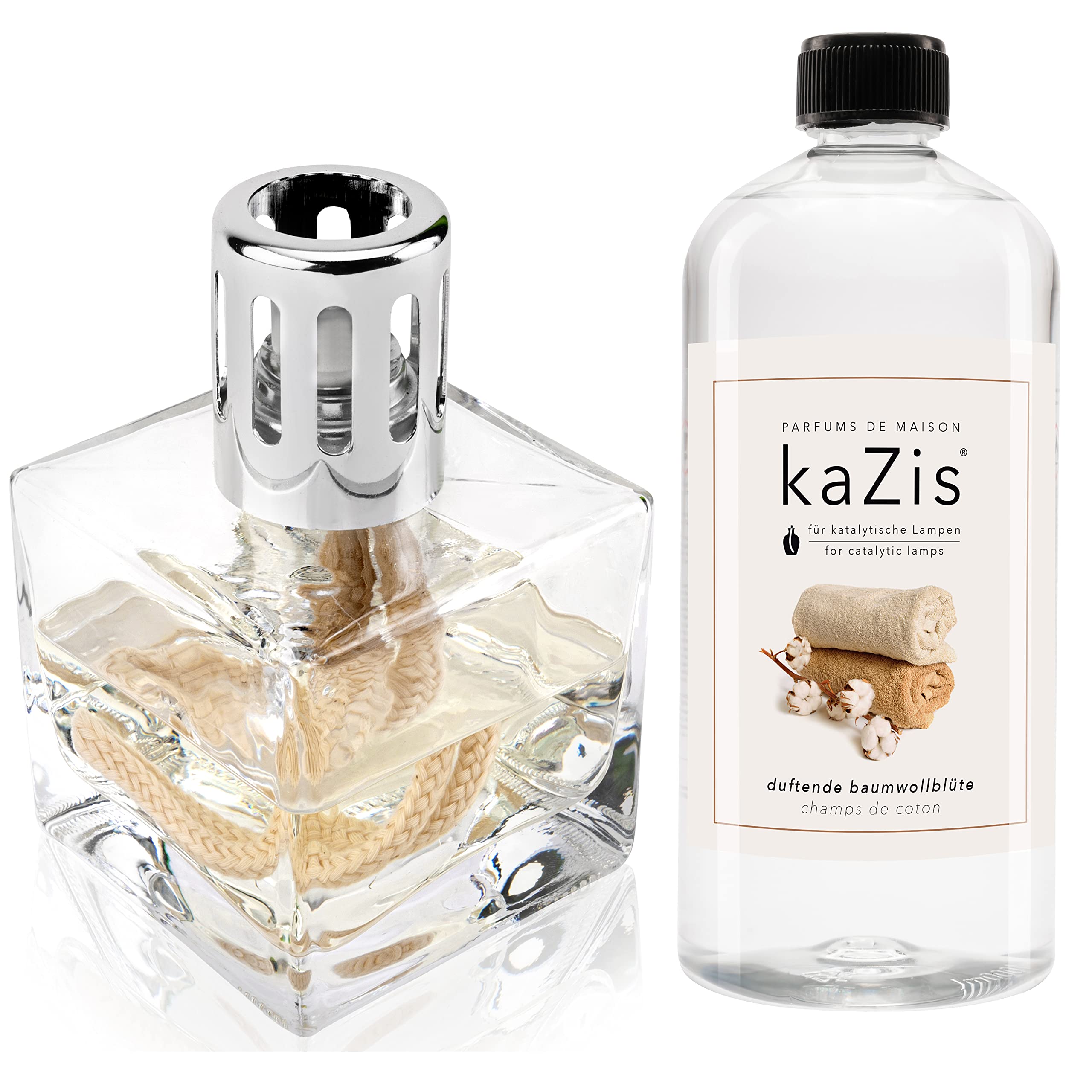 KAZIS® I Starterset katalytische Lampe + 1 Liter Duft I Duftende Baumwollblüte I Frische Wäsche I transparent Würfel