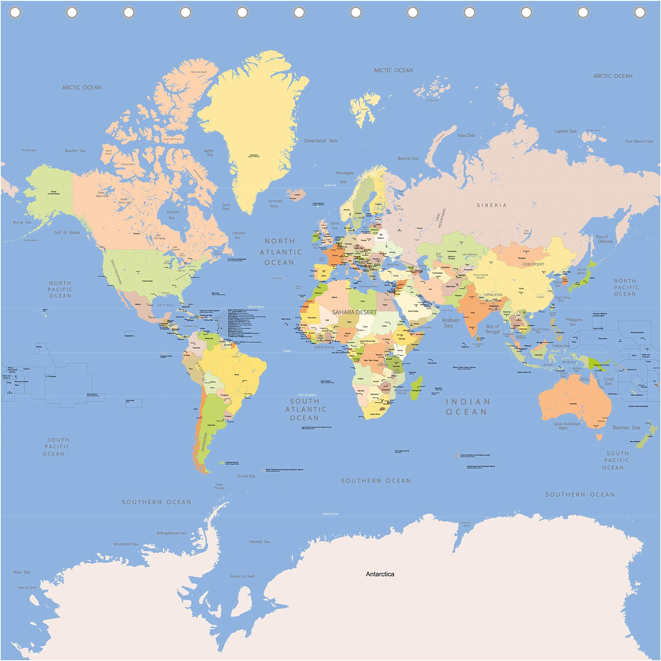 Birsppy Tiko Imex World Map Shower Curtain - Detailed and Accurate - 71 x 71 inches (180 x 180 centimeters)