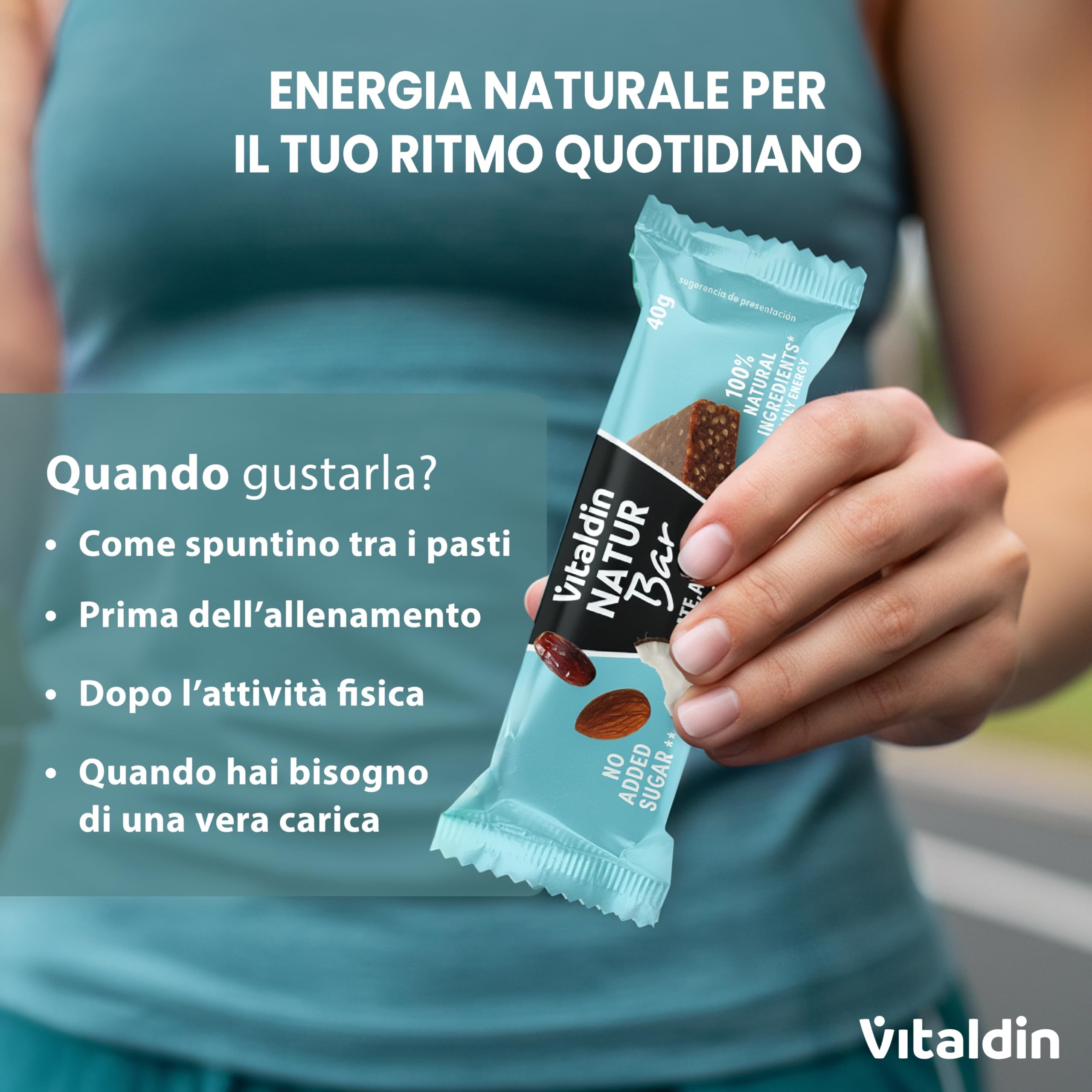 VITALDIN Barrette Energetiche Natur Bar Mandorla e Cocco – Senza Zuccheri Aggiunti e Vegane – Barrette Naturali con Datteri e Frutta Secca – Confezione da 12 x 40g