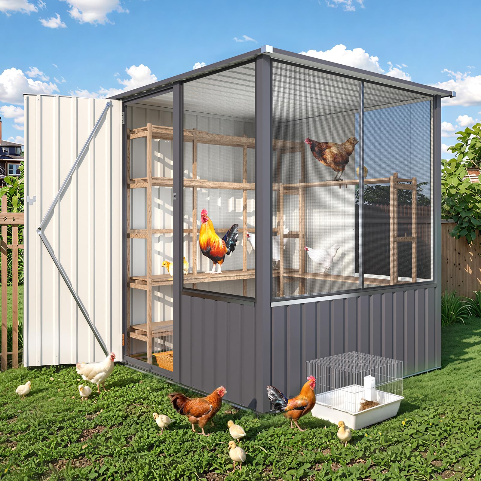 YODOLLA Großer Vogelvoliere außen, Metall Vogelkäfig für Finken, Grau | Wetterfeste Volieren-Erweiterungskomponente mit Beobachtungsfenster – für Garten, Balkon & Terrasse, 163x158x174cm