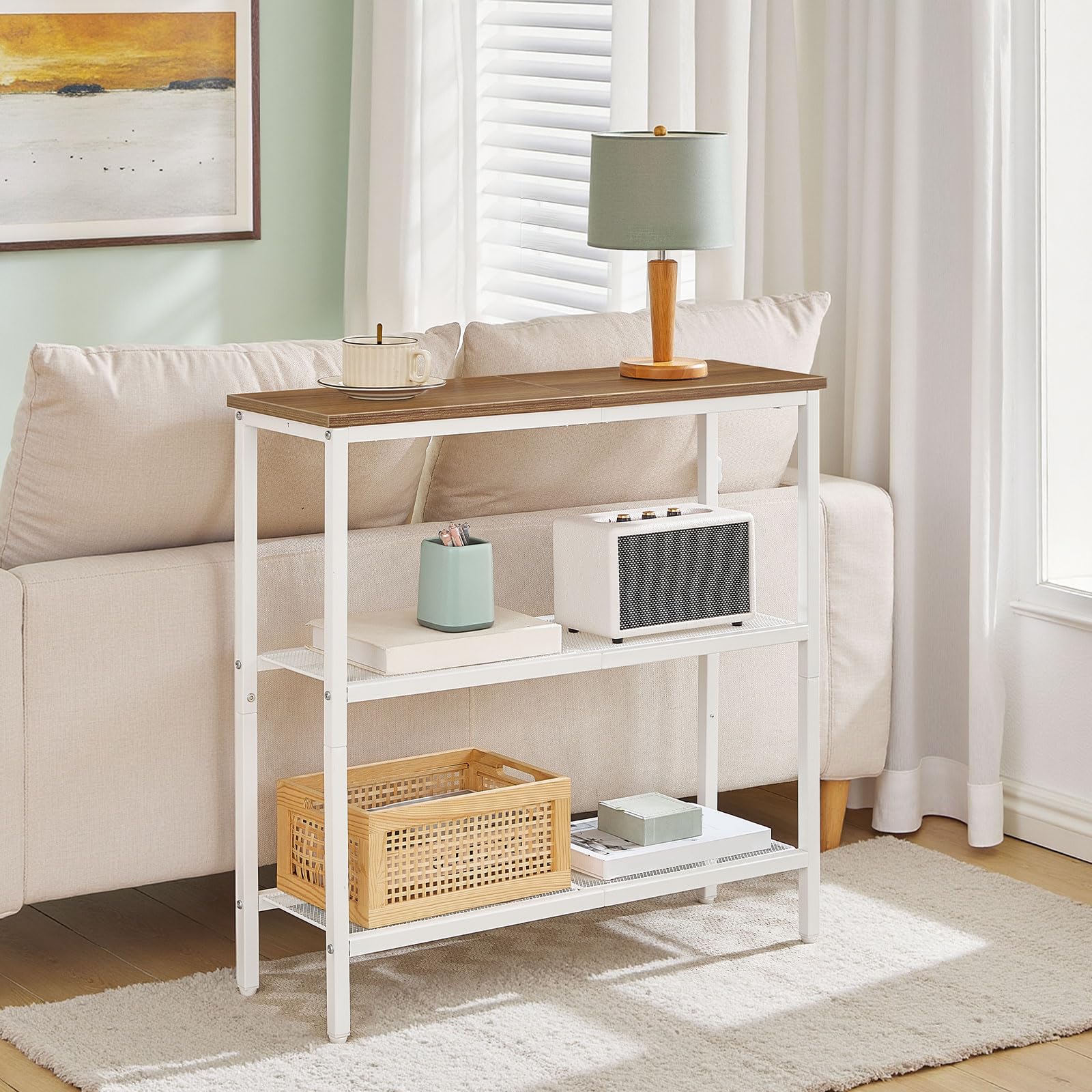 HOOBRO Table Console, Table d'Appoint avec 2 Étagères de Treillis, Table Canapé, Cadre en Métal, Design Industriel, pour Couloir, Entrée, Salon, Chambre et Bureau, Blanc et Noyer EWH73XG01