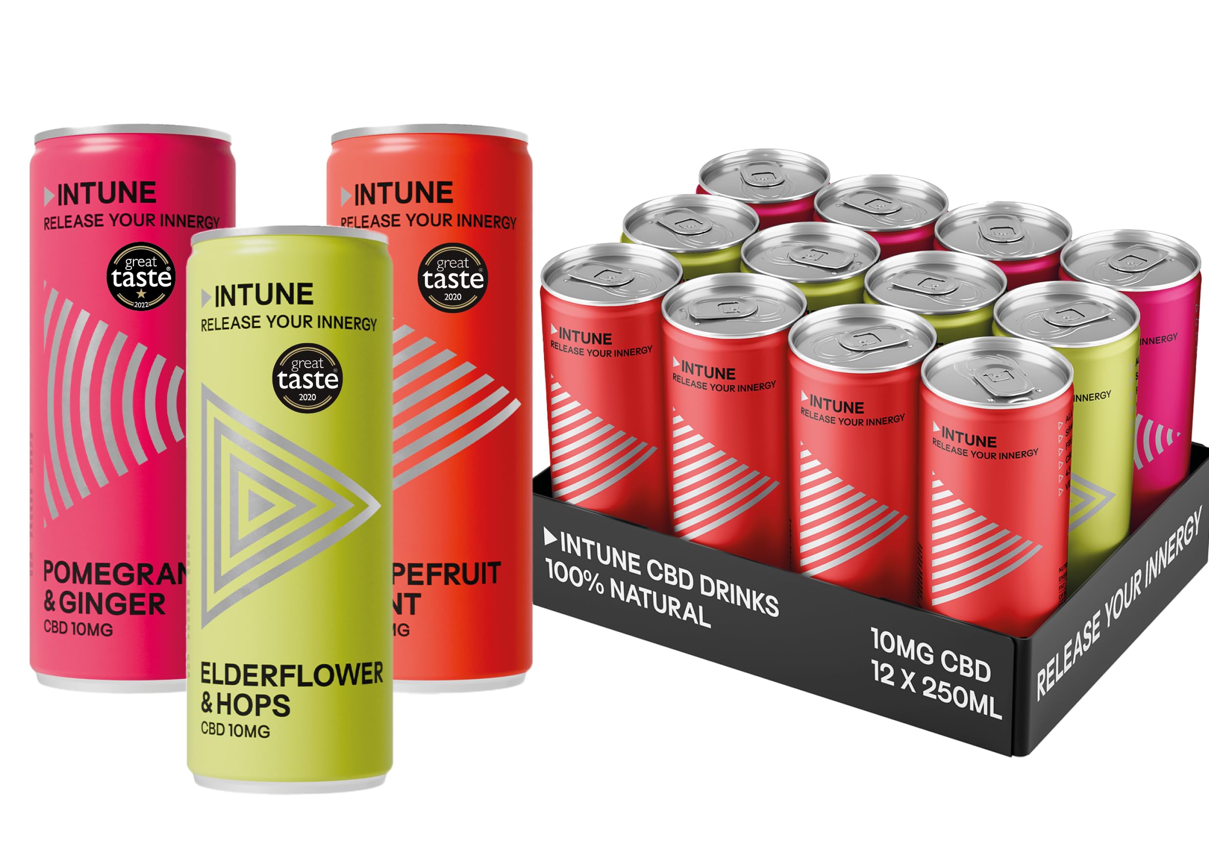 INTUNE CBD Drink Variety 12 Pack, 3 Sparkling Fruit Flavours, 100% Natural, Vegan, Mixed Pack of 12 x 250ml Cans