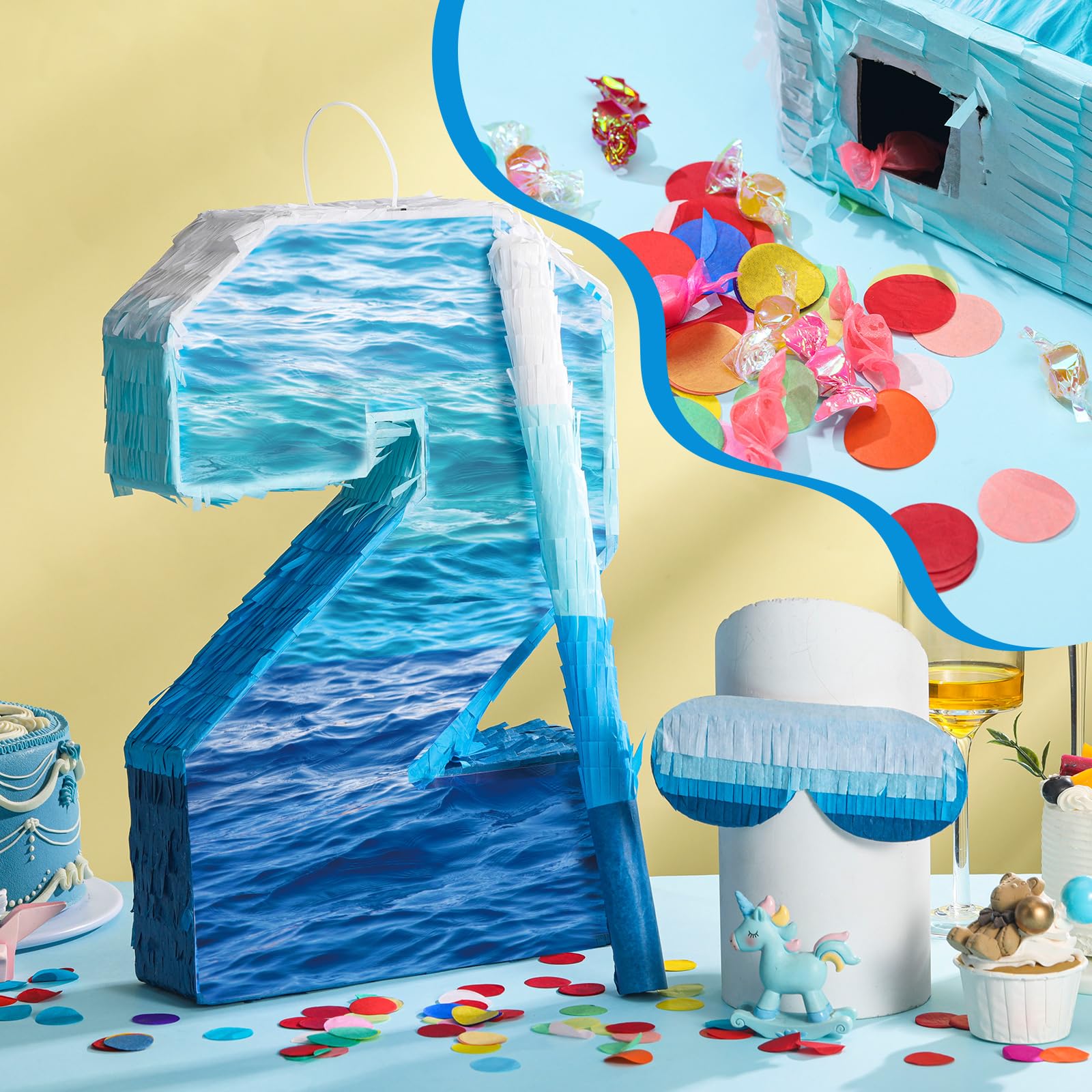 Piñata número 2 grande azul degradado con palo venda para los ojos y confeti colorido piñatas para fiesta de segundo cumpleaños para niños y niñas, decoración temática de celebración de
