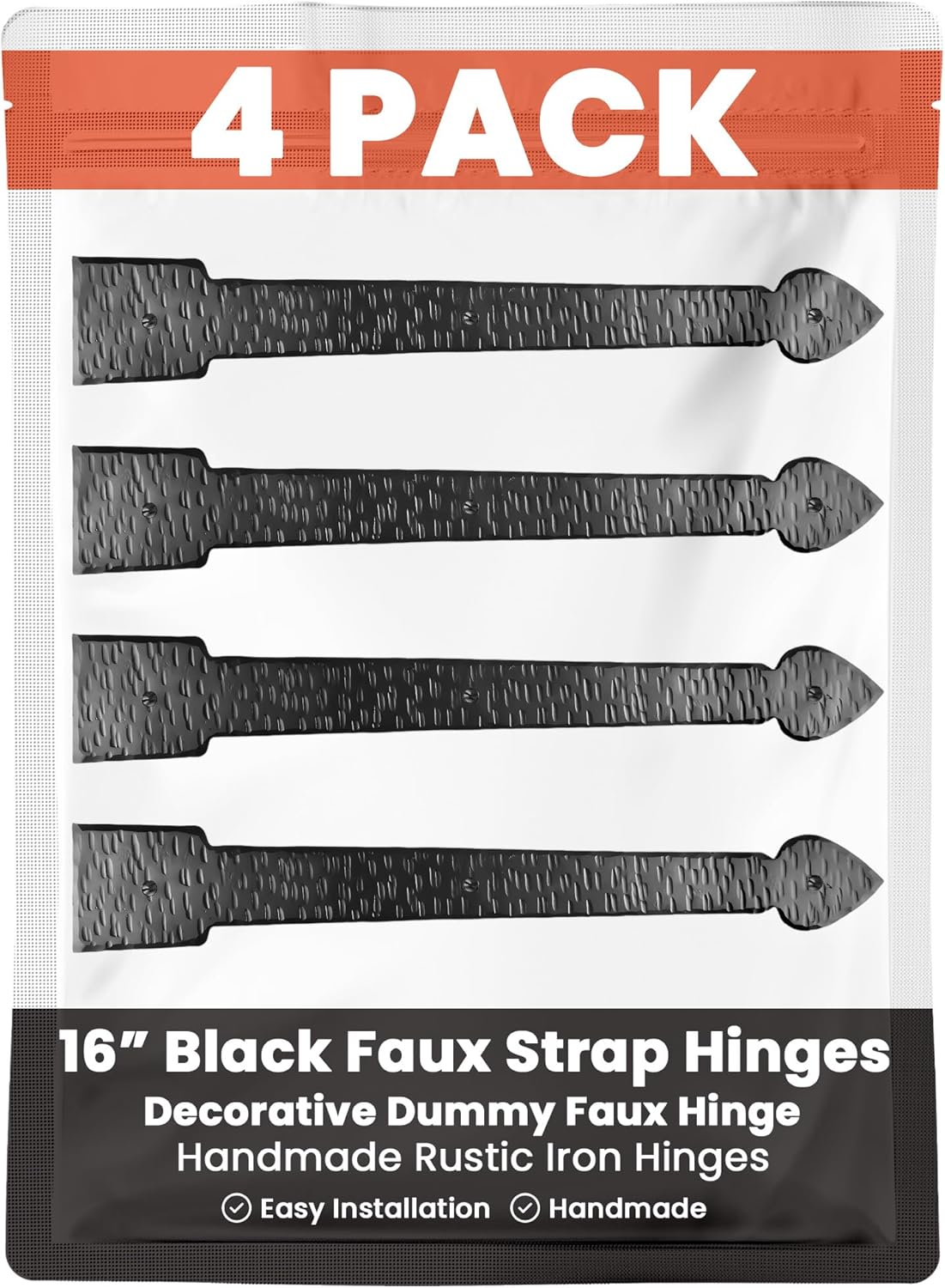 4 Pack 16" Black Faux Strap Hinges - Hand Forged Dummy Faux Hinge – Handmade Rustic Iron Hinges for Farmhouse Shutter, Carriage Doors, Barn Door, Castle Door, and Gates – The Colonial Series