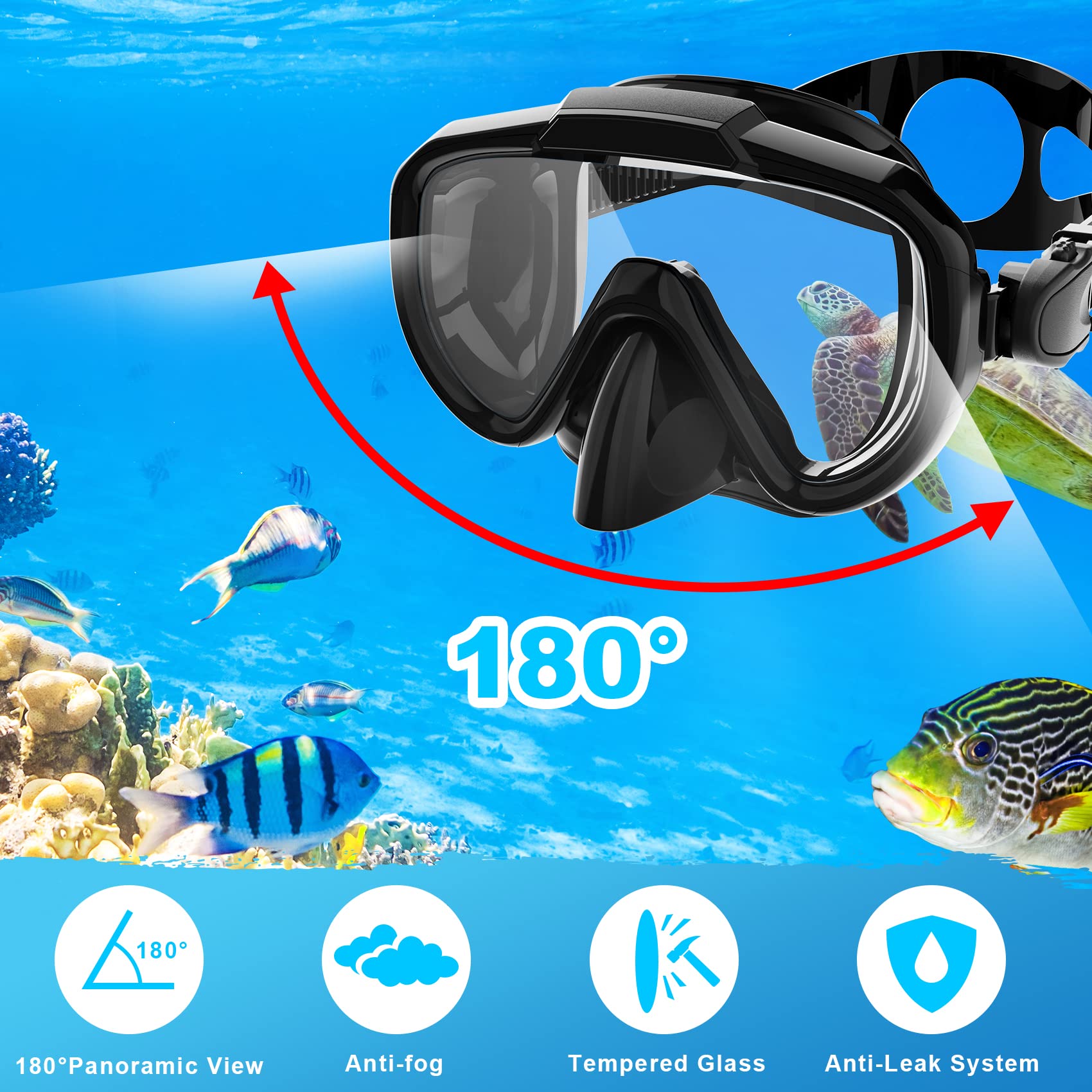 Zipoute Snorkel Set, Trockenschnorchelausrüstung für Kinder, Panorama-Hartglaslinse, Anti-Leck & Anti-Beschlag, verstellbares Schnorchel-Set für Kinder, Schnorchel-Set für Kinder