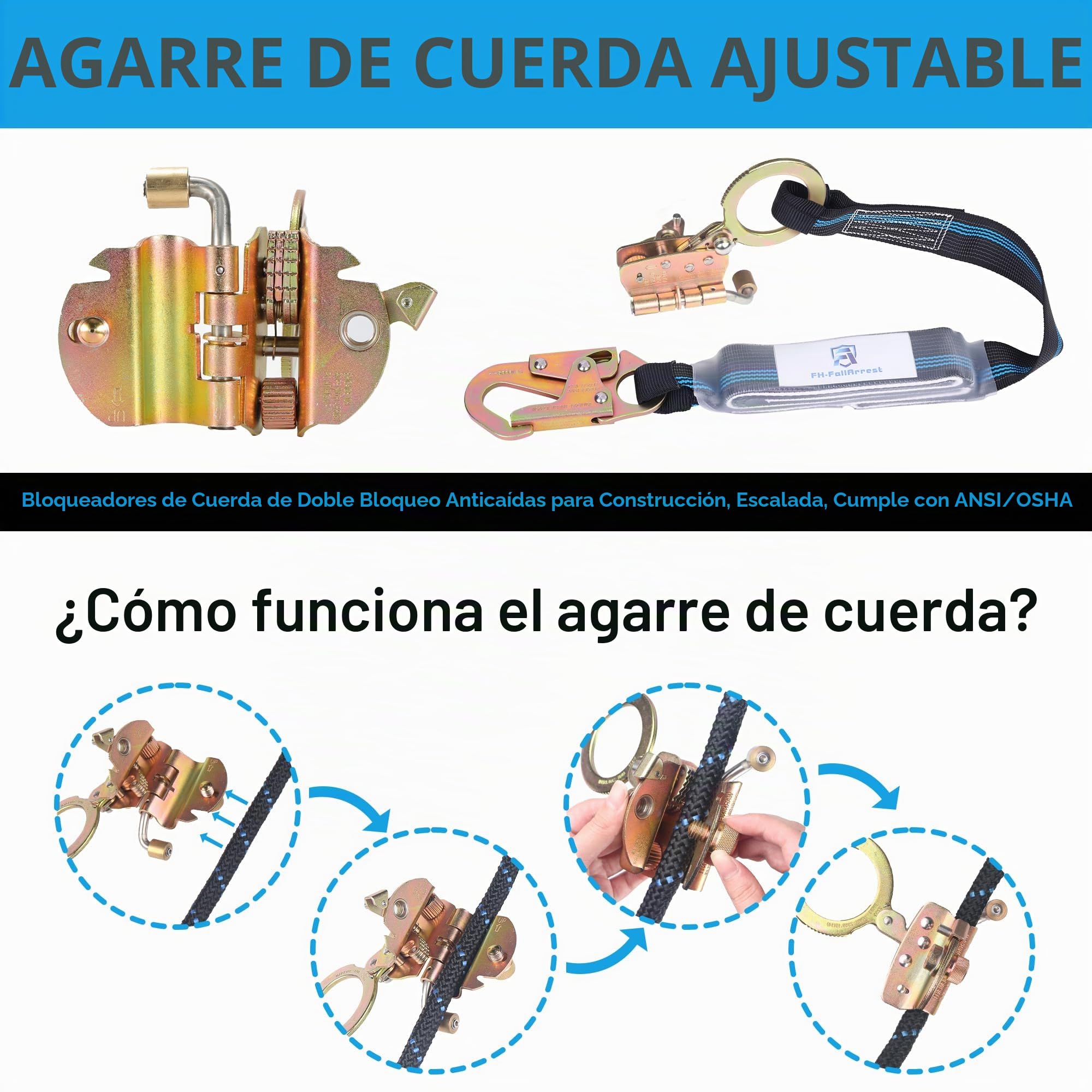 Conjunto de línea de vida vertical de 50 pies con cuerda de acero de aleación, ganchos a presión, amortiguador de golpes, equipo de seguridad de cuerda de protección contra caídas, kit de