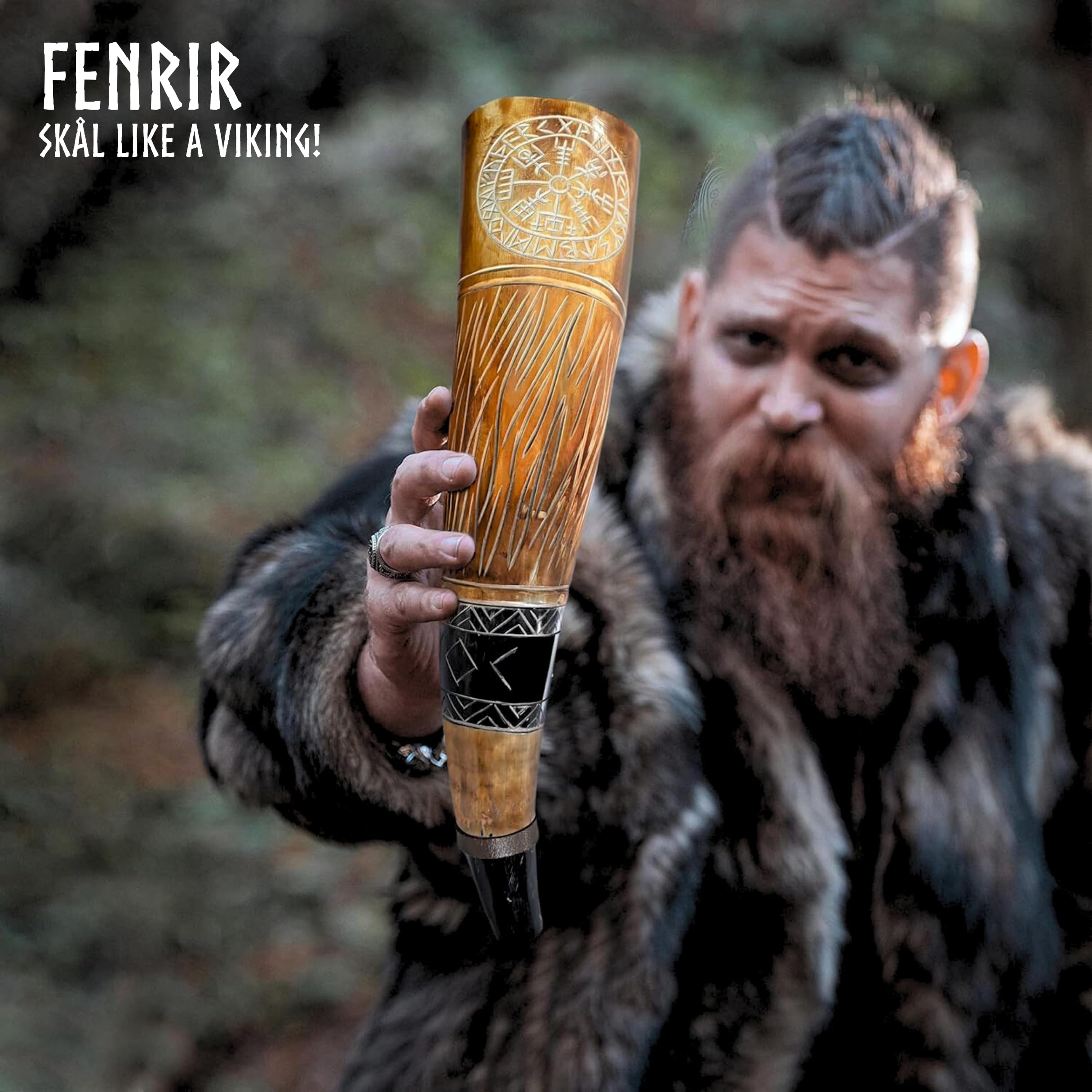 FENRIR Wikinger-Kriegshorn, 45,7 cm, echtes Ochsen-Blashorn, Schlachttrompete mit Lederband, Jarl & Kompass Finish, FNR_27