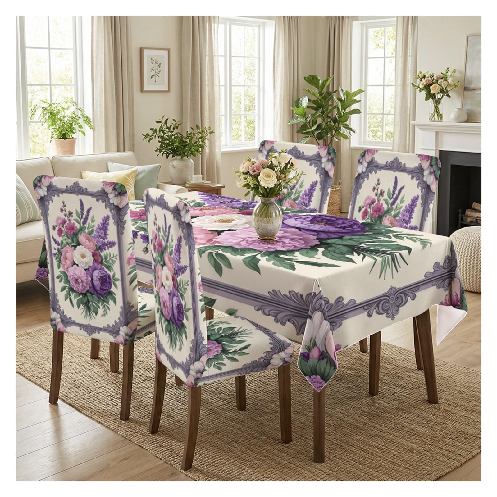 KXUAUV Vintage Floral Print Tablecloth & Chair Covers Set, Stretch Slipcovers For Wedding, Tea Party & Cottage Dining Decor, 5/7 Pack Party Decor(5pcs Set: Tablecloth+Chair Covers)