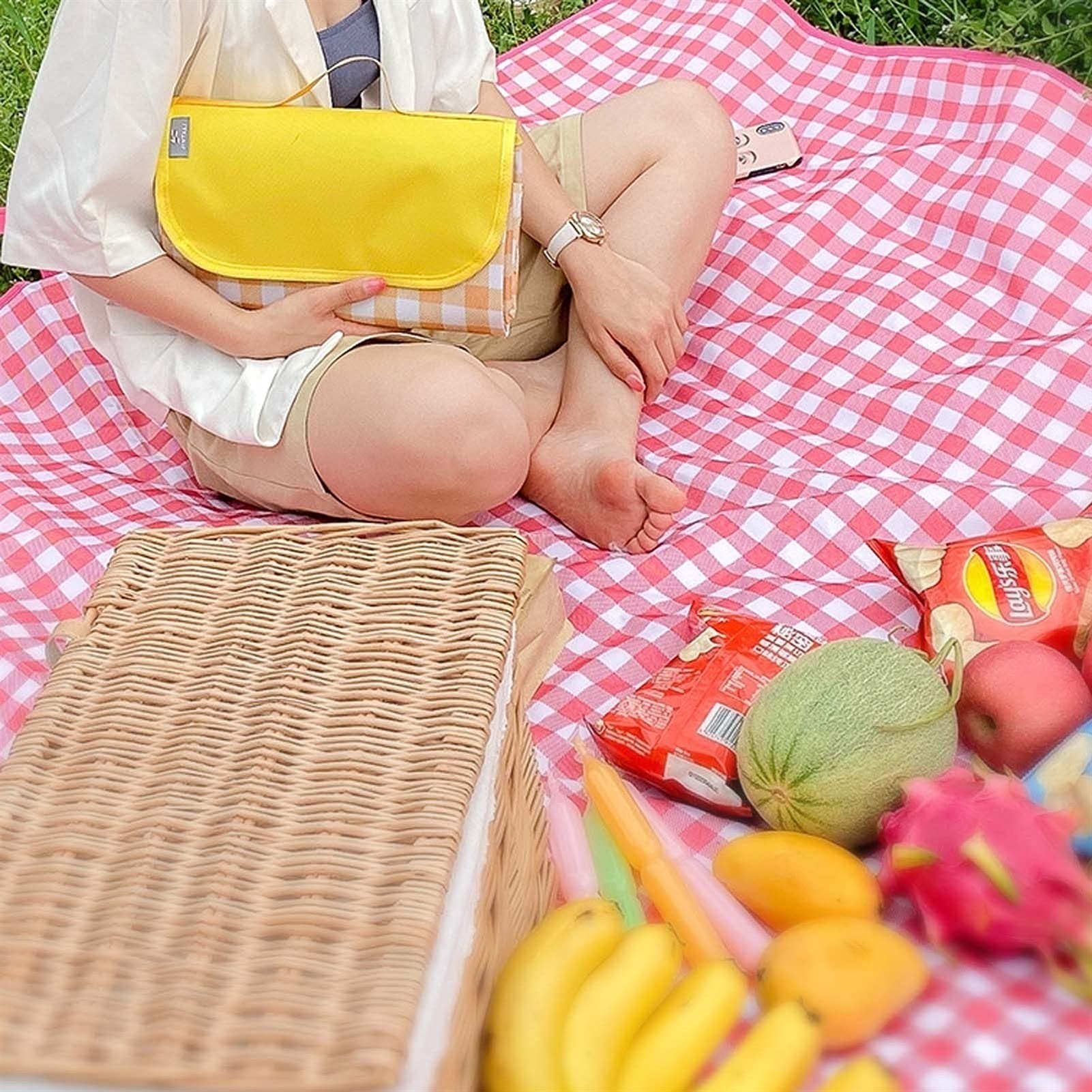 Couverture Tapis de Pique Nique, 200 x 200 cm Imperméable Pliable Nappe Picnic avec Poignée, Natte de Plage pour Camping Jardin Extérieur (Color : Pink Grid)