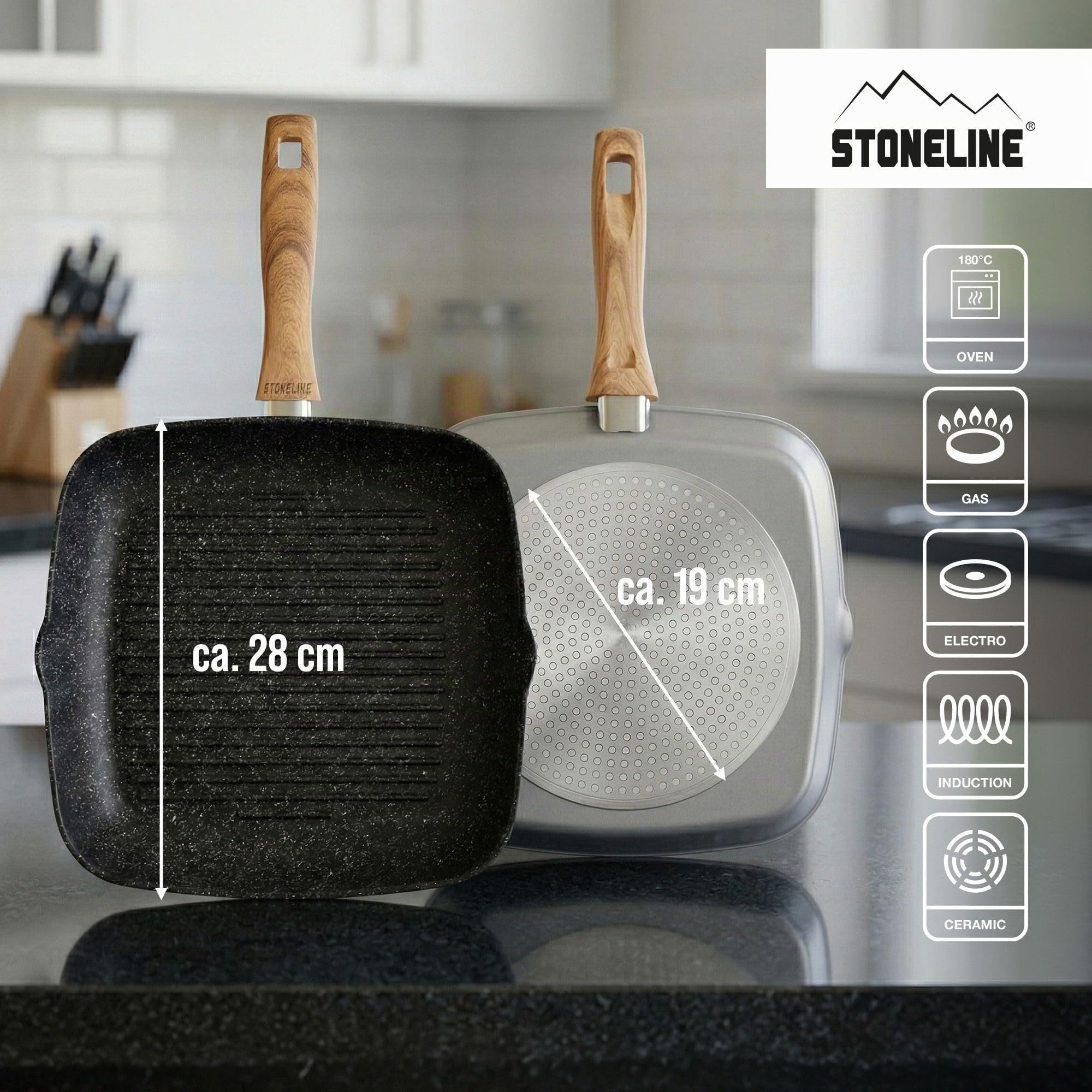 STONELINE® - Bistecchiera Back to Nature 28 x 28 cm, con 2 beccucci, adatta a induzione
