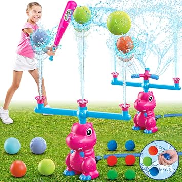 VATOS Water Sprinkler Baseball Outdoor Toy for Kids, 4 in 1 Dinosaur 360 Spin Sprinkler Water Tee-Ball & Ball, Summer Fun Play Games Outside Backyard Yard Garden Lawn for Toddlers Boys Girls