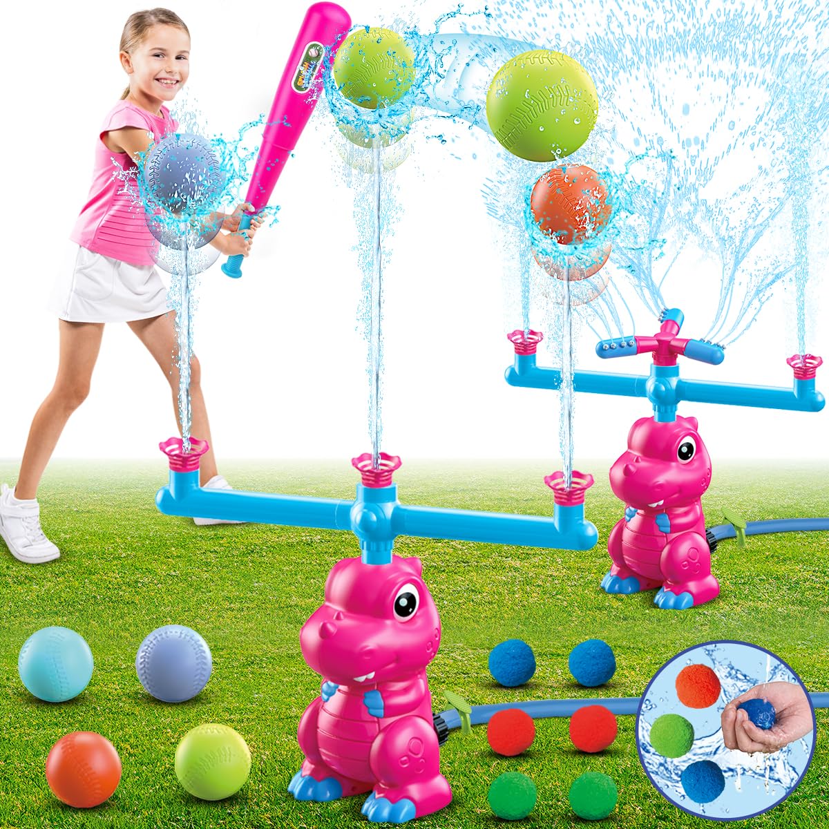 VATOS Water Sprinkler Baseball Outdoor Toy for Kids, 4 in 1 Dinosaur 360° Spin Sprinkler Water Tee-Ball & Ball, Summer Fun...