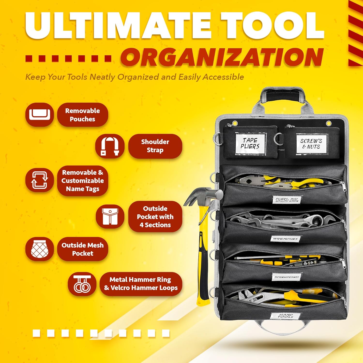 Updated Tool Roll Up Tool Bag Organizer, Name Tags, Advansed Features, Heavy Duty Tool Roll Bag Organizer, Mens Gifts For Him Motorcycle Mechanic & Electrician LUXADAR (6 Detachable Pouches)