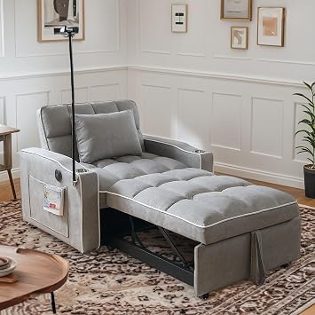 Convertible Sleeper Chair, Pull Out Chair Sleeper with Bracket and Cup Holder, 3 in 1 Sofa Bed Chairs for Adults, Chairs Bed Sleepers for Small Spaces, Living Room, Light Gray