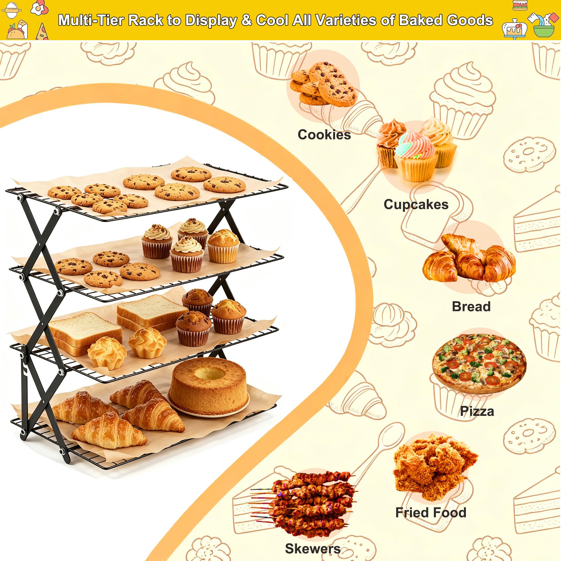 Grille de Refroidissement Patisserie en acier inox 4 Niveaux Antiadhésive Pliables et Empilables 40 x 25 cm, Pince Cuisine Silicone et Papier Cuisson Prédécoupé, pour biscuits, gâteaux, muffins, pain