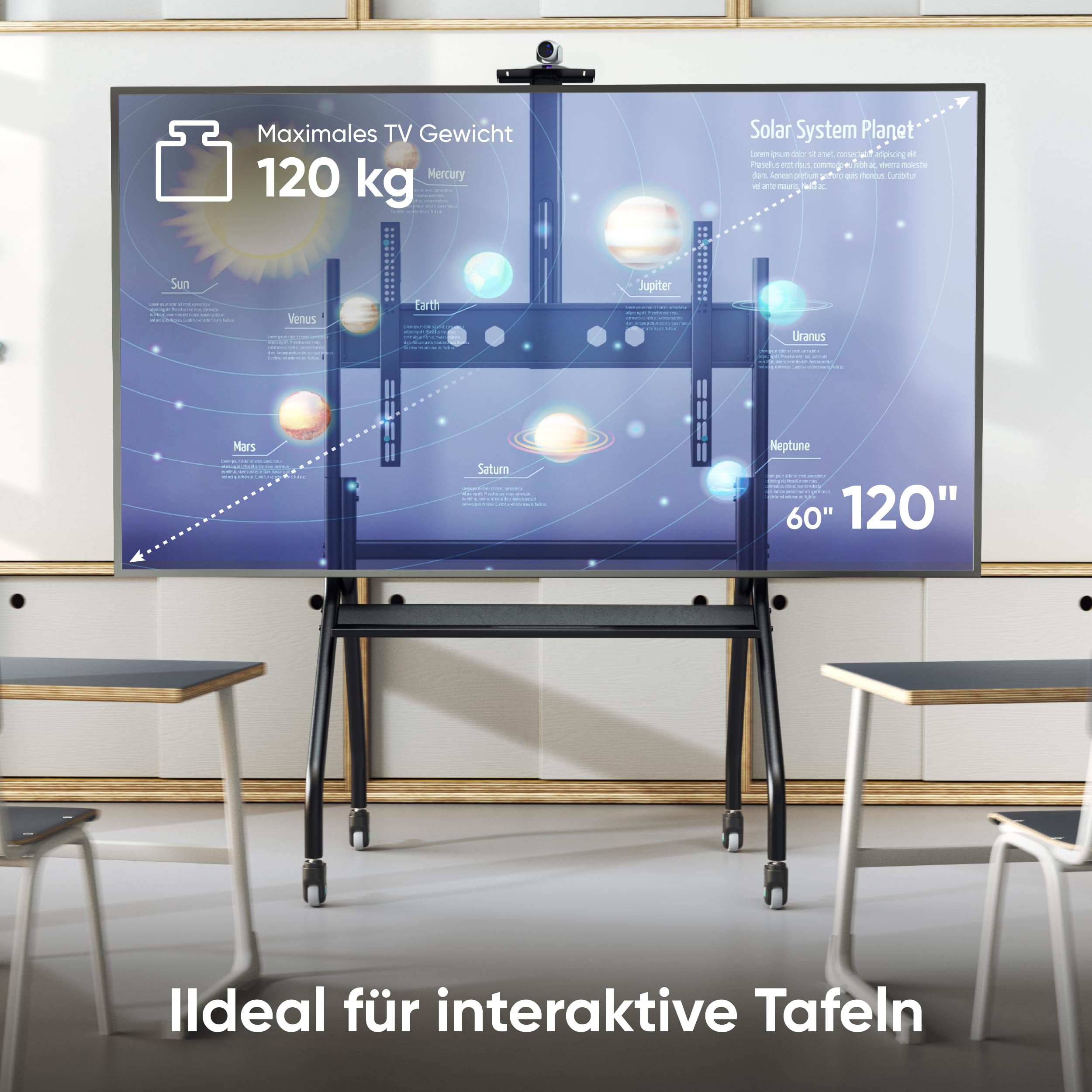 ONKRON TV Ständer rollbar für 60-120 Zoll Fernseher, max Belastung bis 150 kg, professioneller Wagen TV Standfuss höhenverstellbar, max VESA 1000x600, Fernsehständer mit Rollen Schwarz TS2080-B
