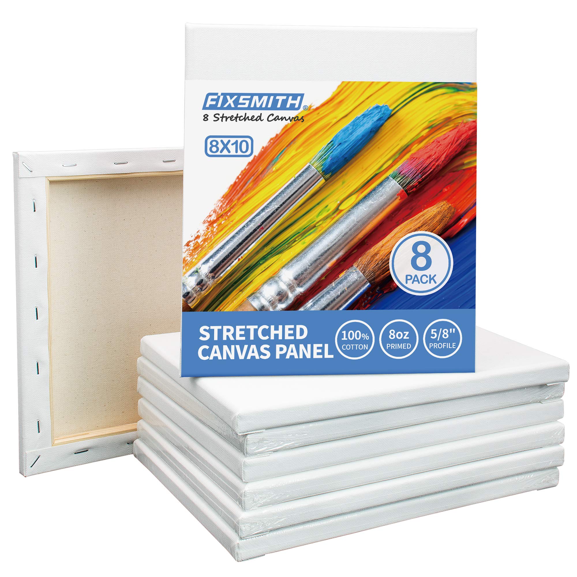 FIXSMITH Stretched Canvas for Painting- 8x10 Inch,Bulk Pack of 8,Primed,100% Cotton,5/8 Inch Profile of Super Value Pack for Acrylics,Oils & Other Painting Media