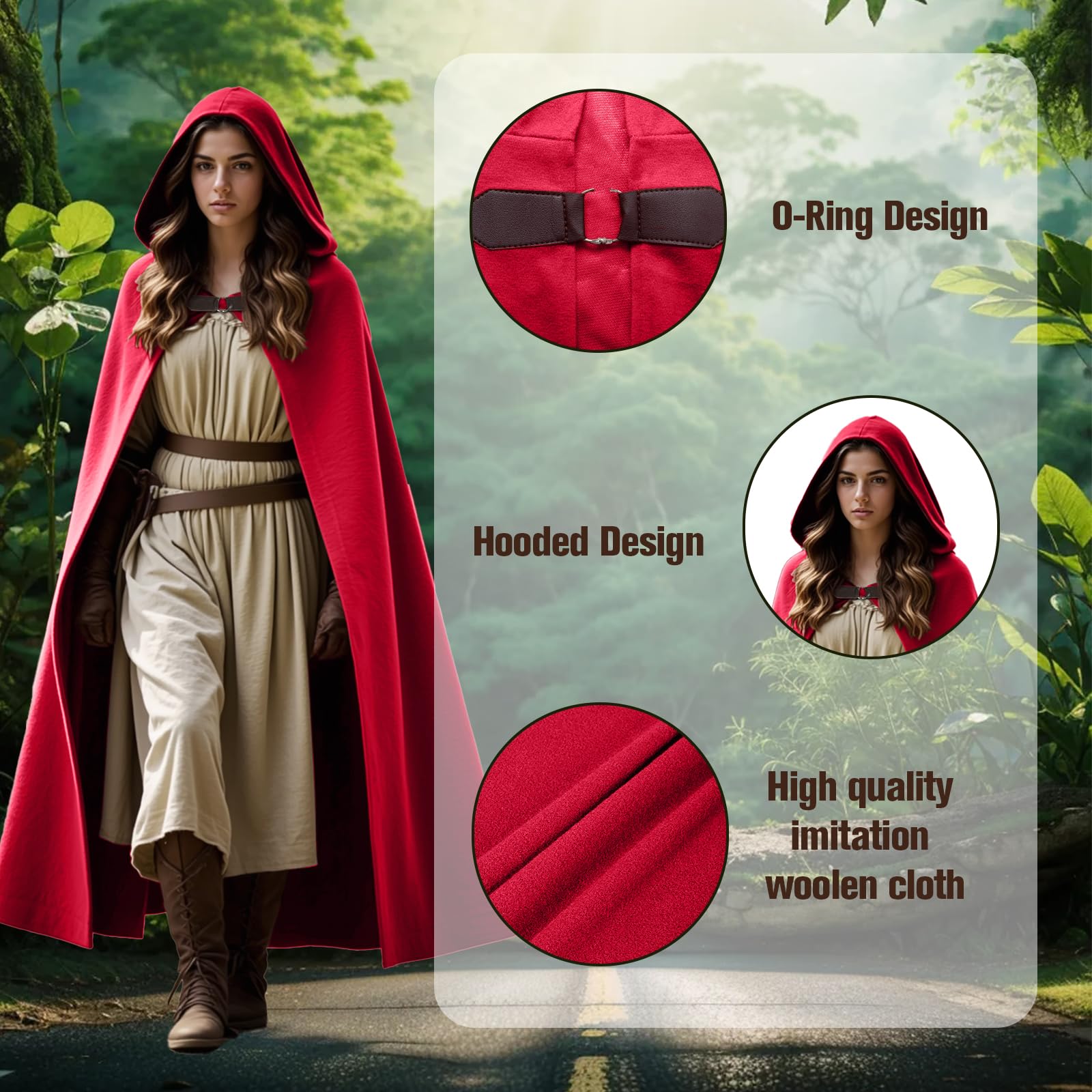 CNVAUIE Renaissance Snapback Hooded Coat Medieval Costumes Men's Witch Halloween Costumes Hooded Coat (Wine Red) - Image 4