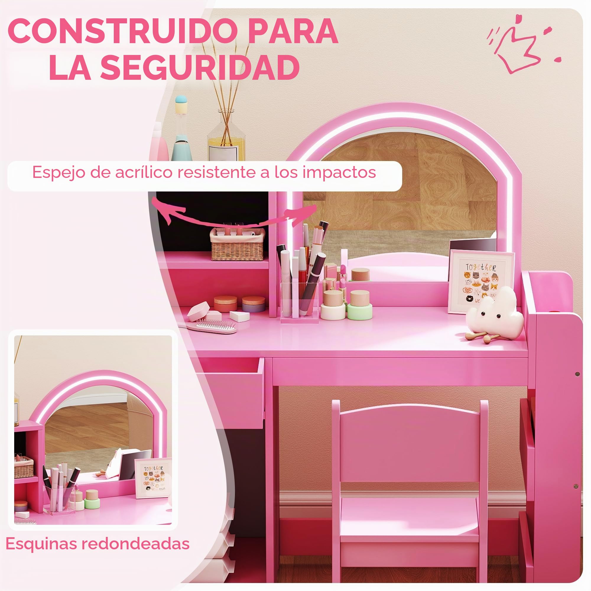 AIYAPLAY Tocador infantil con taburete y espejo LED, tocador de madera para niña con cajón, armario, 2 compartimentos abiertos y 3 estantes, mesa de maquillaje para niños de 3 a 8 años, rosa