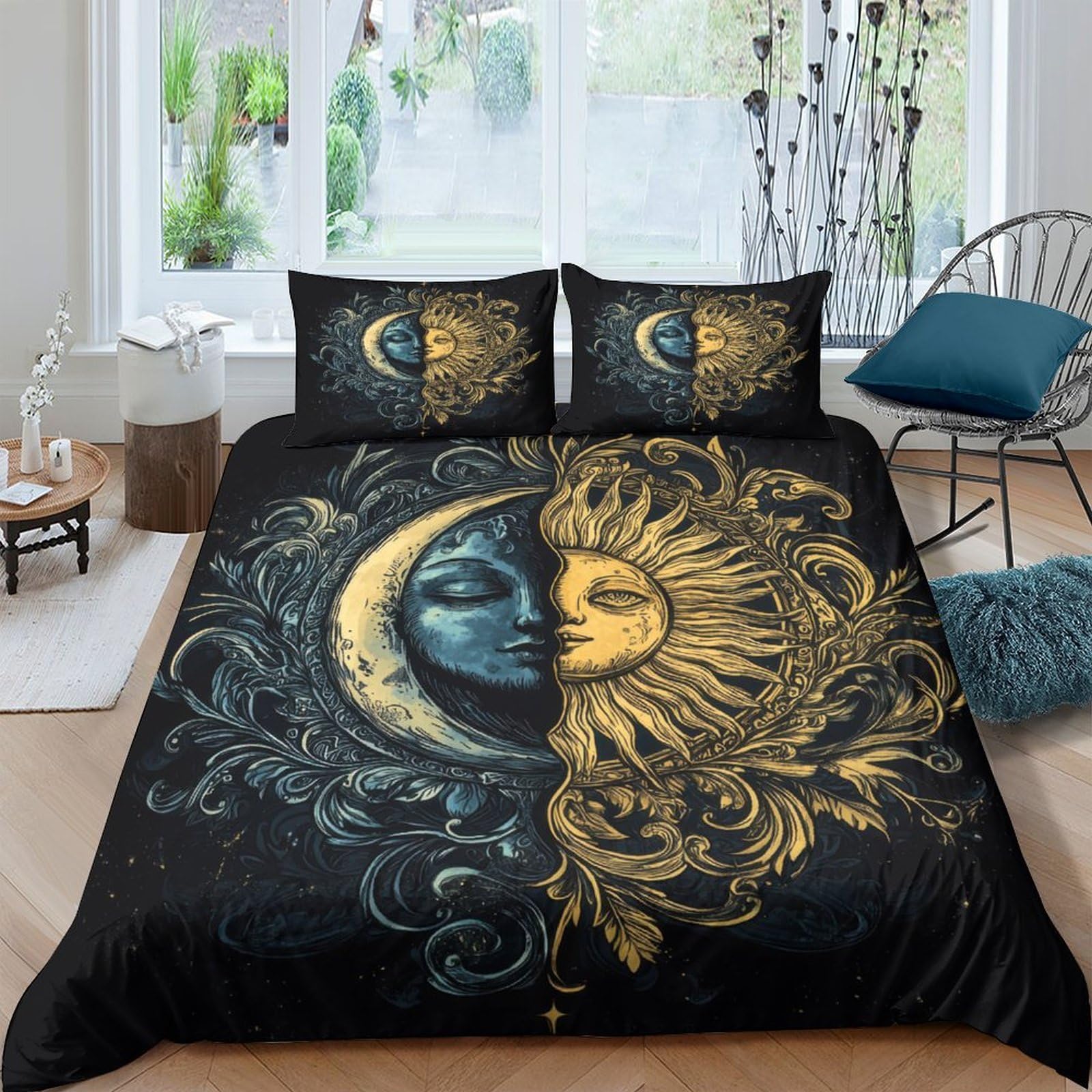 Ctjqhvkz Style-1 3D Printed Sun And Moon Fitted Sheet Microfiber Black Gold Bed Cover Artistic Bedroom Decor Anti-Slip Machine Washable Single（135X200cm）