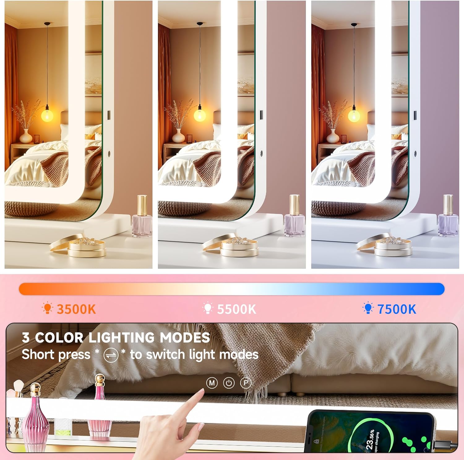 Vanity Mirror with Lights, 40" x 29" LED Makeup Mirror with 10X Magnification, Dimmable 3 Modes, Memory Function, Smart Touch, USB Charging Port, Lighted Makeup Mirror Round White