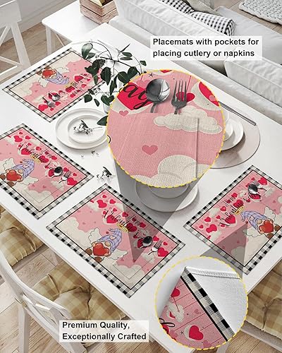 Miniatura 2 de Valentine's Gnomes Table Placemats for Dining Table Set of 2,Cotton Linen Cloth Kitchen Place Mats with Pocket,Washable
