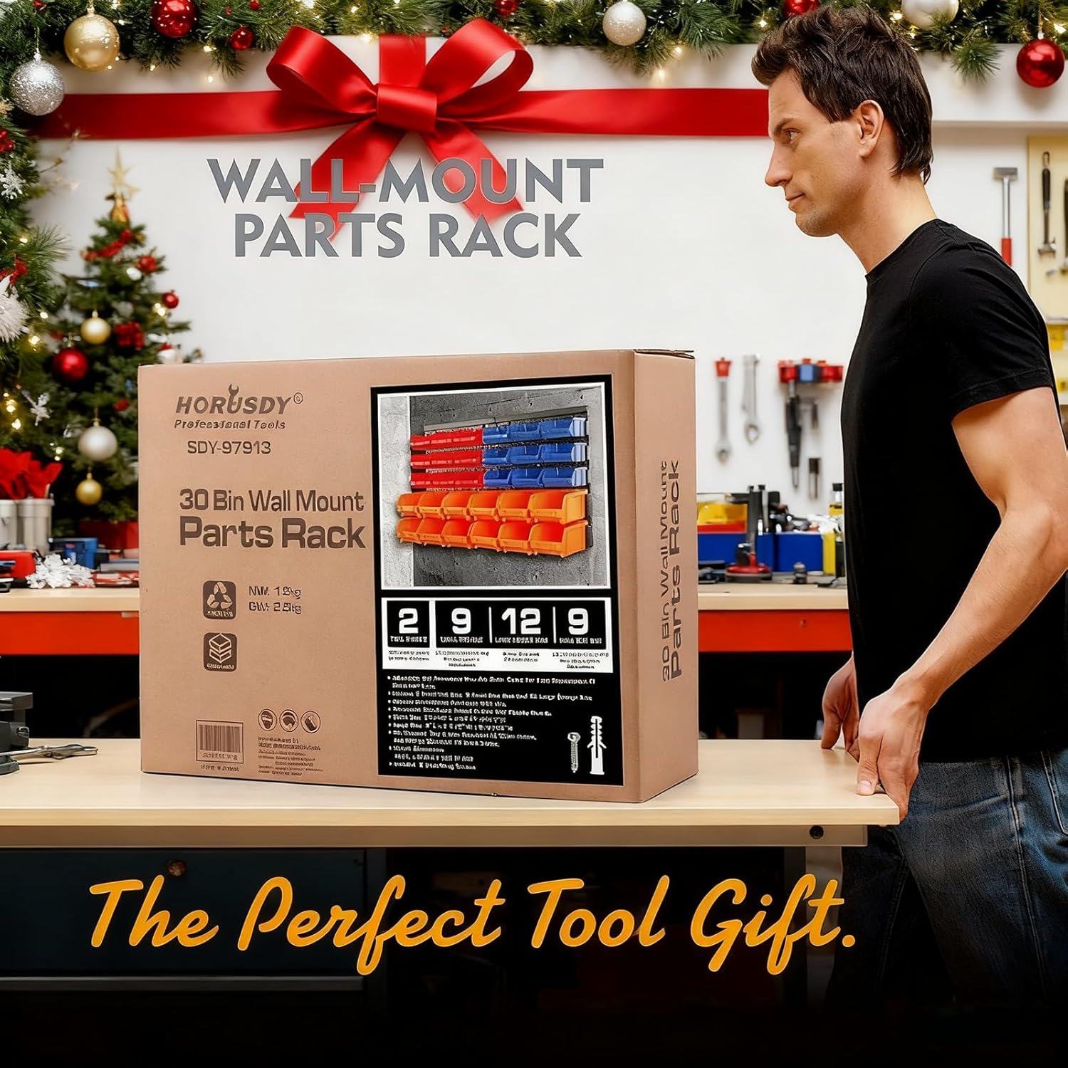 horusdy wall mounted storage bins parts rack 30pc organizer garage plastic shop tool for men's gift, blue,orange,red orange-blue-red 30pcs