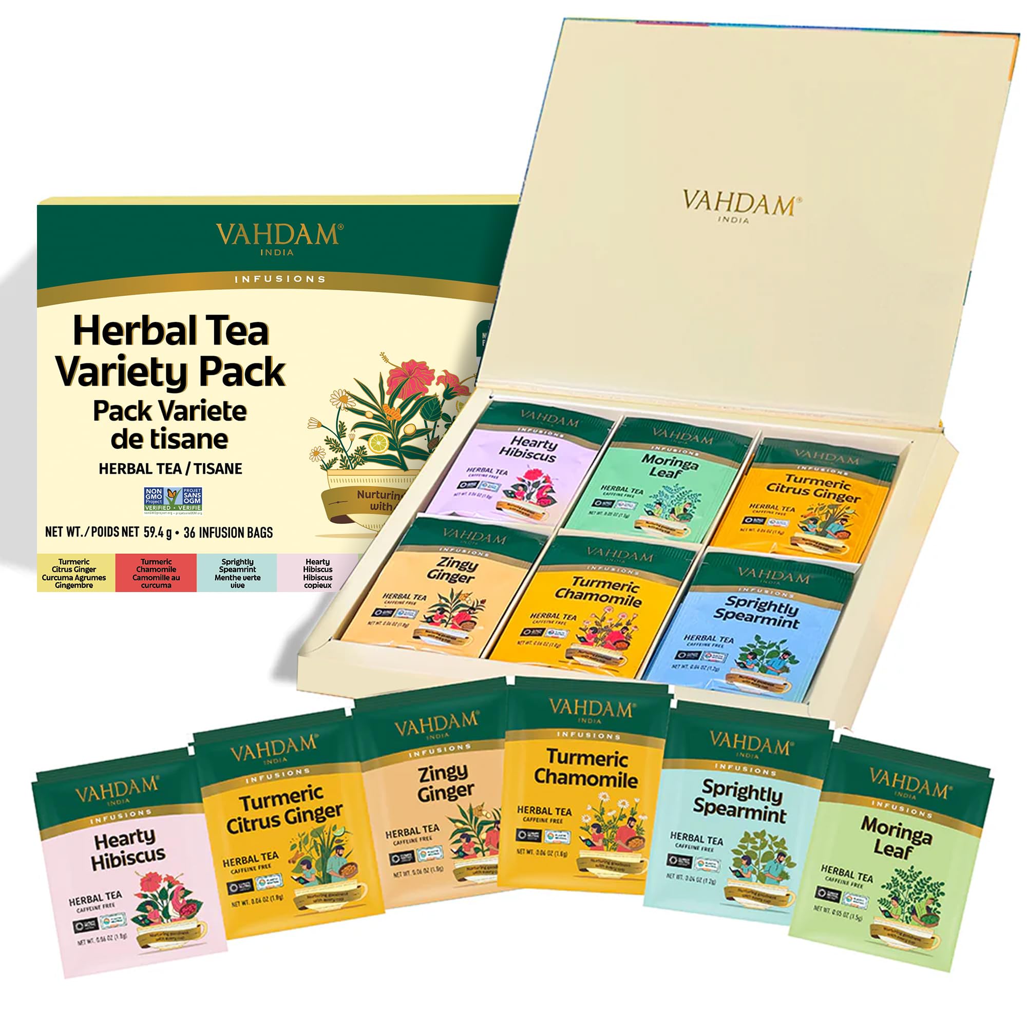 VAHDAM, Herbal Tea Sampler (36 Tea Bags, 6 Flavors) | Caffeine-Free, Non-GMO | Turmeric Citrus Ginger, Turmeric Chamomile, Hibiscus, Moringa, Spearmint, Ginger | Mother’s Day Tea Gift for Mom