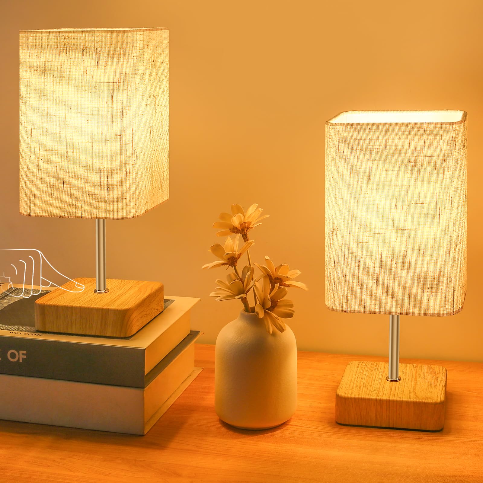 Jayencer Nachttischlampe Touch Dimmbar, Tischlampe Touchdimmer Glühbirne Drei Helligkeitsstufen, Lampenschirm aus Leinenstoff, Tischleuchte für Schlafzimmer Wohnzimmer, Büros