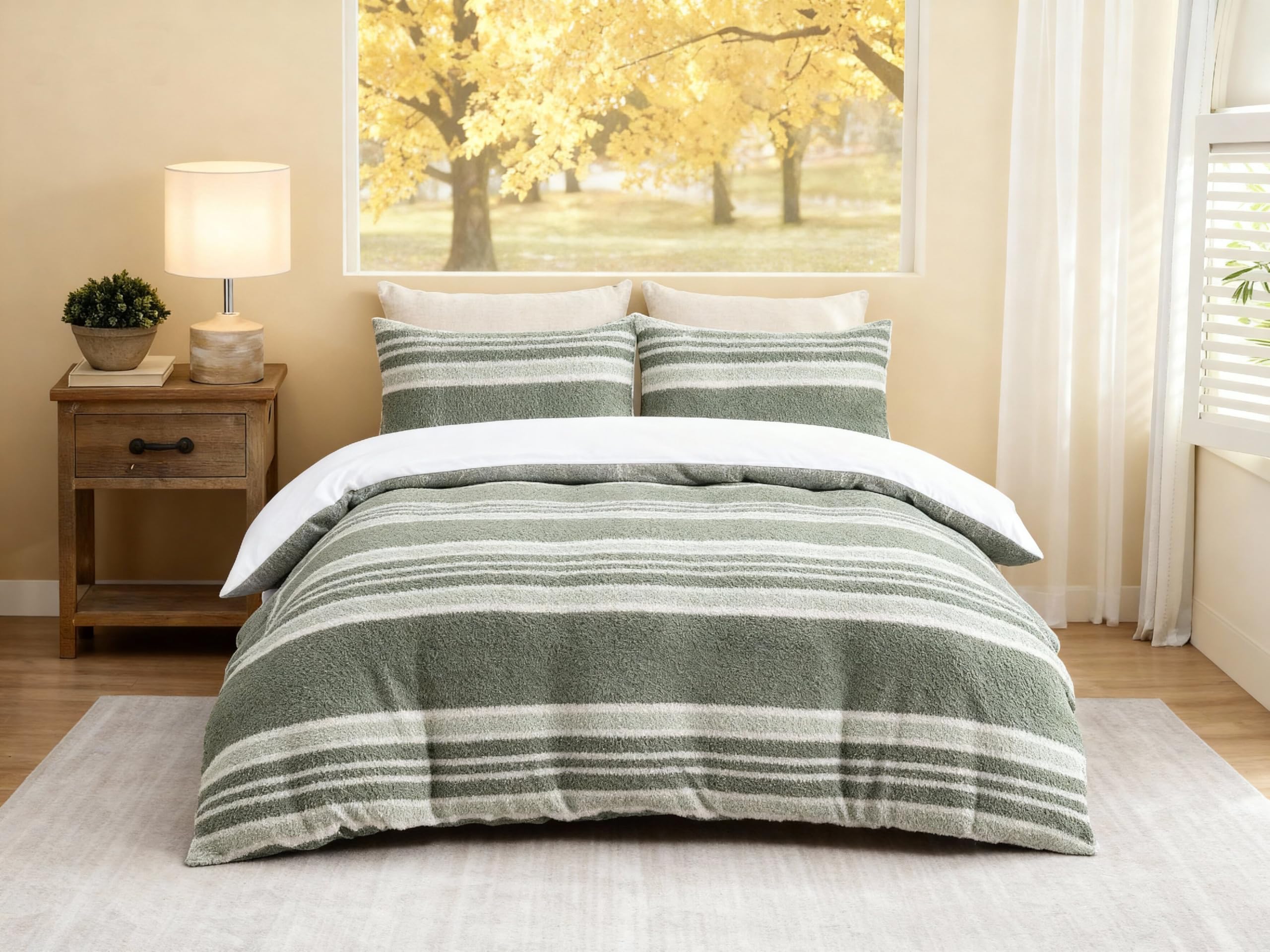 Coastline Stripe Snuggle Fleece Duvet Cover Set,Ultra soft Warm Cozy Fleece Duvet Cover Set with Pillowcase Bedding Collections(Green,Superking)
