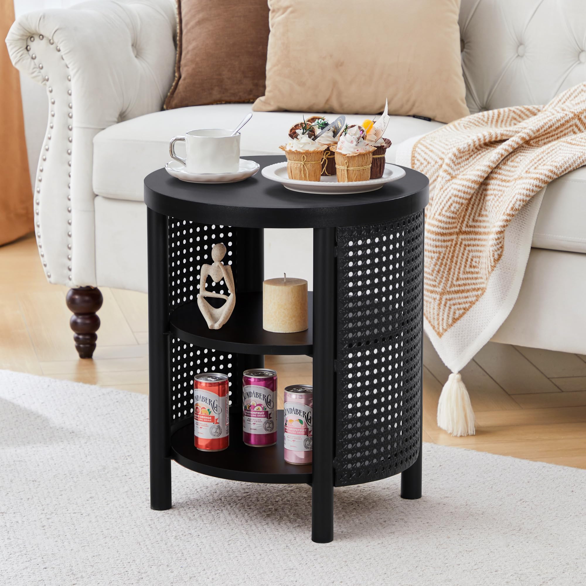 3 Tire Small Round Side Table with Iron Rattan, 17" Farmhouse Bohemian End Table with Storage Shelf, Wood Nightstand for Living Romm Sofa Couch, Bedroom (Black)