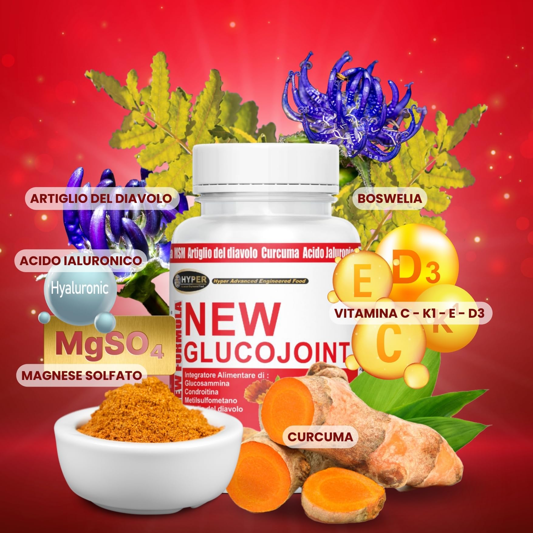 Hyper Glucojoint Integratore Alimentare | con Glucosamina Condrotina MSM, Artiglio del Diavolo Forte e Acido Ialuronico | 60 Compresse Prodotto in Italia