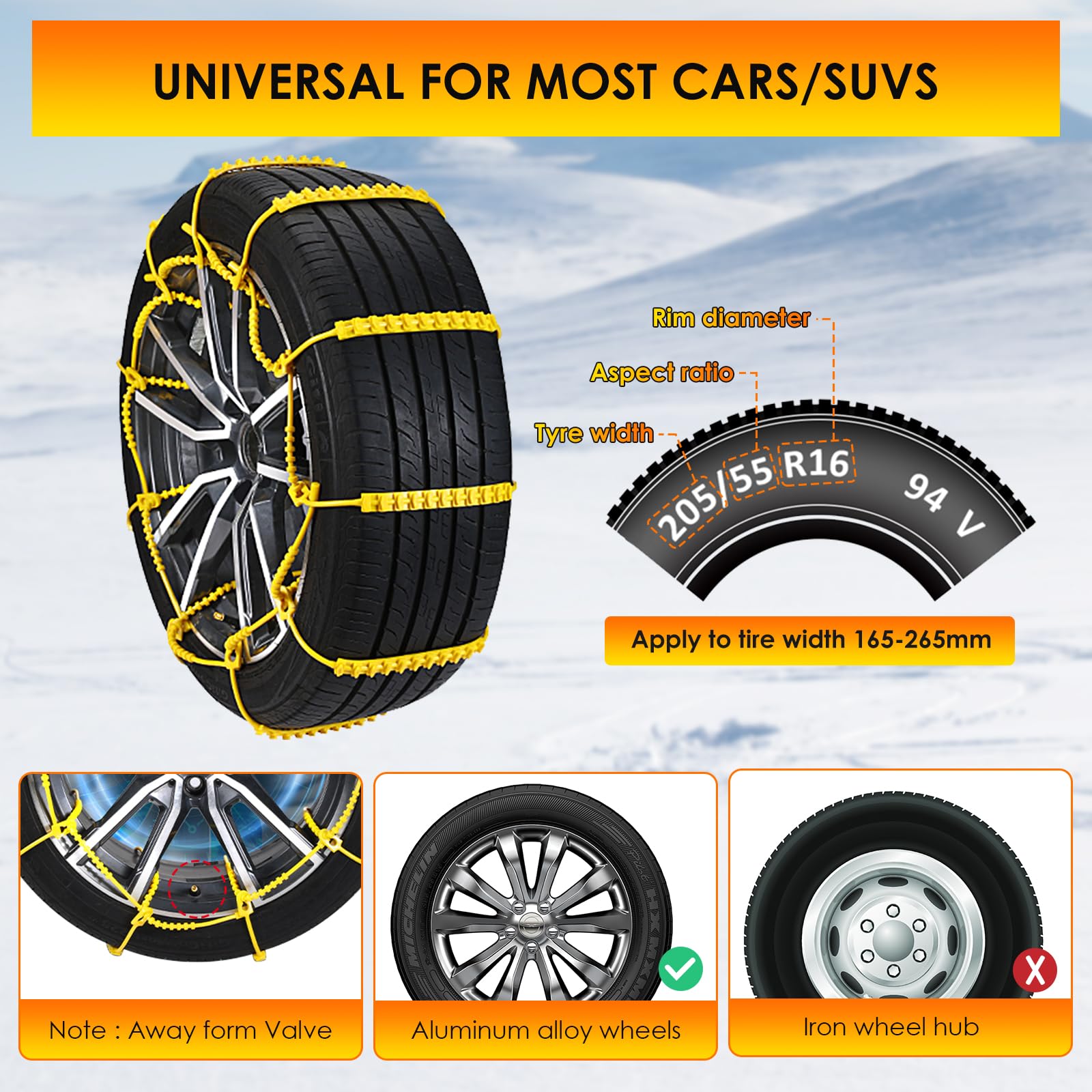 10PCs Cadenas de Nieve para Coche Ninonly Cadenas Coche Nieve Universales Montaje Rápido, Cadenas para Coche Para Automóvil/SUV/Camión Para Neumáticos De Coche De 165-275mm
