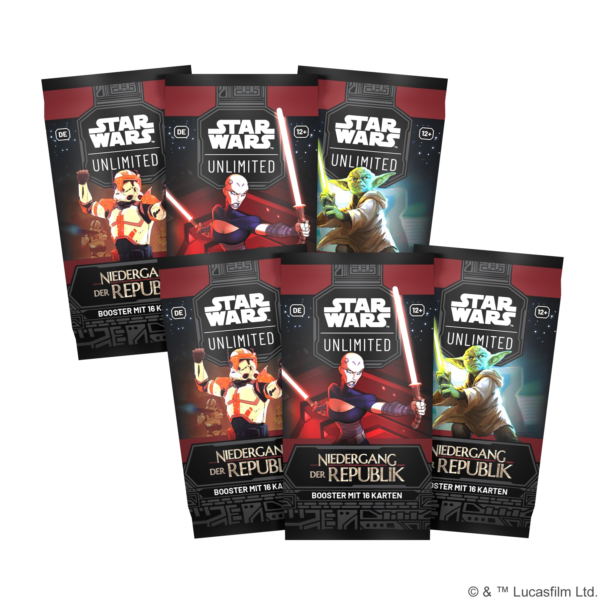 Fantasy Flight Games - Star Wars: Unlimited TCG Niedergang der Republik PRERELEASE-BOX – Starte dein Abenteuer in die Klonkriege! Enthält 6 Booster-Packs, Alter 12+, 2+ Spieler, 20 Minuten, Deutsch