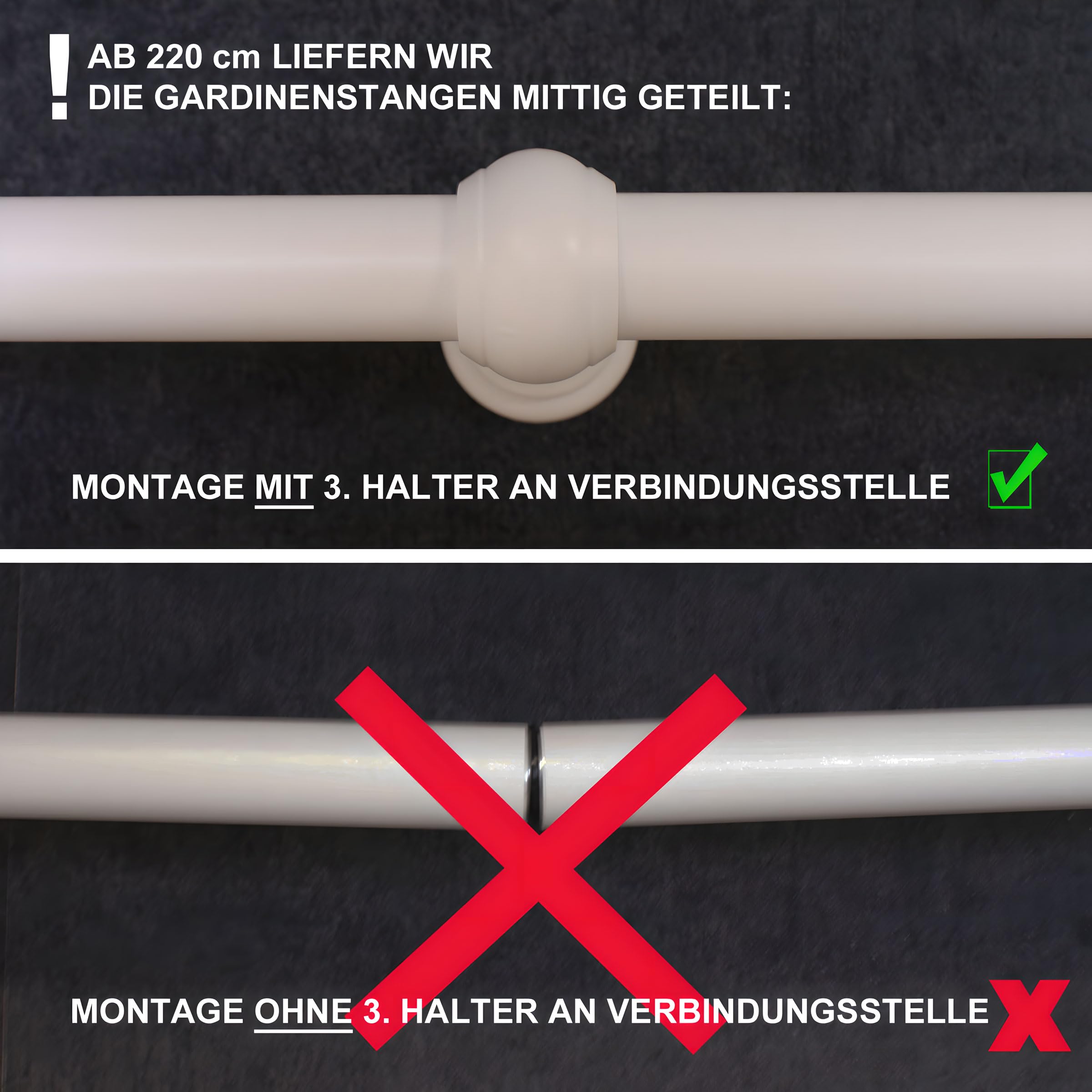 iso-design Gardinenstangen weiß 2-läufig mit U-Storelauf aus Metall und Kunststoff mit 28 mm Durchmesser Endstück Kugel, Gardinenstange mit U-Schiene, 320 cm (mittig geteilt)